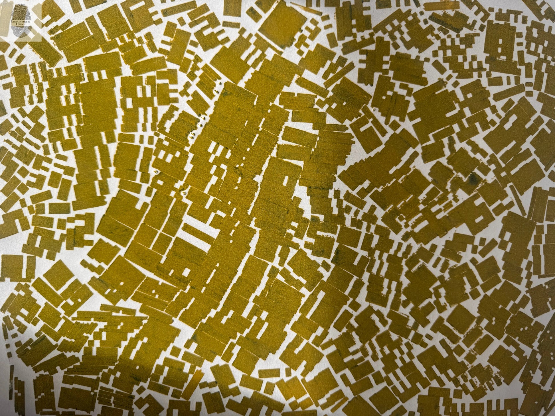 "Scatter Shot" Abstract Yellow Letter Type MonoPrint 18.25x15 lintonart