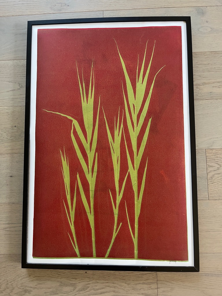Green Reeds Hand-Pressed Botanical Monotype on Crimson - Original Print 2x364 inches
