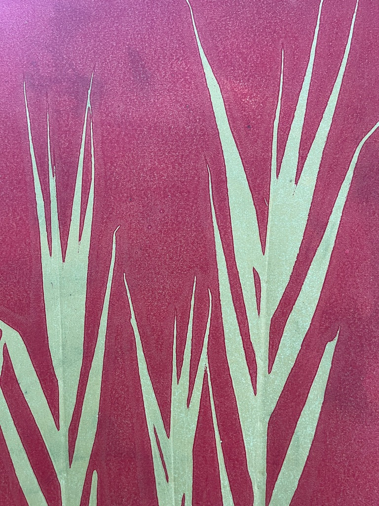 Green Reeds Hand-Pressed Botanical Monotype on Crimson - Original Print