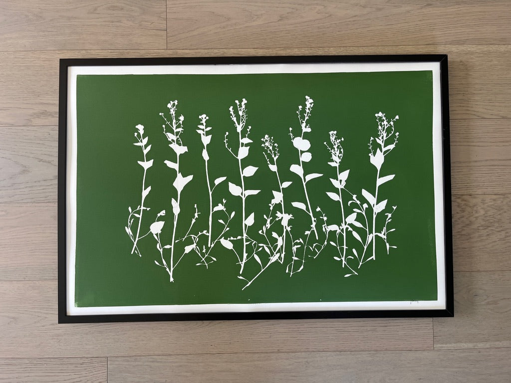 Peppercress Weeds Hand-Pressed Botanical Monotype on Green - Original Print 24x36 inches