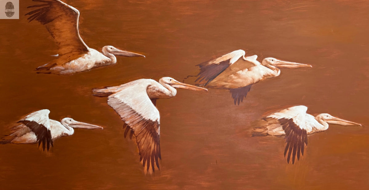 White Pelicans in Flight lintonart