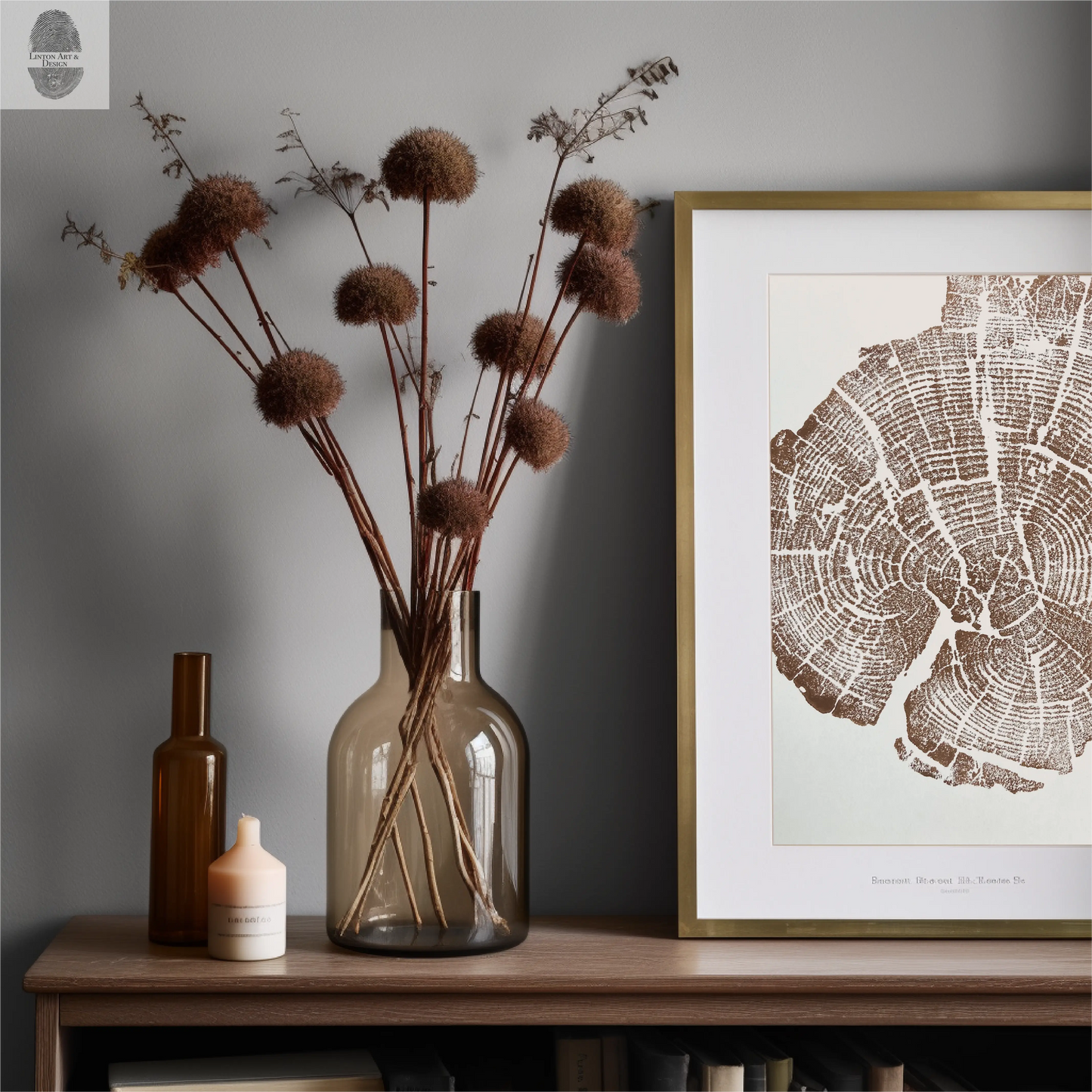 Yellowstone Tree ring print in brown ink, 11x14 inches, Hand pressed woodblock. Signed Original lintonart