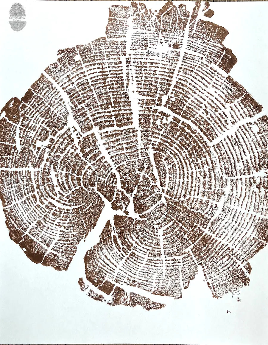 Yellowstone Tree ring print in brown ink, 11x14 inches, Hand pressed woodblock. Signed Original lintonart
