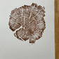 Yellowstone Tree ring print in brown ink, 11x14 inches, Hand pressed woodblock. Signed Original lintonart