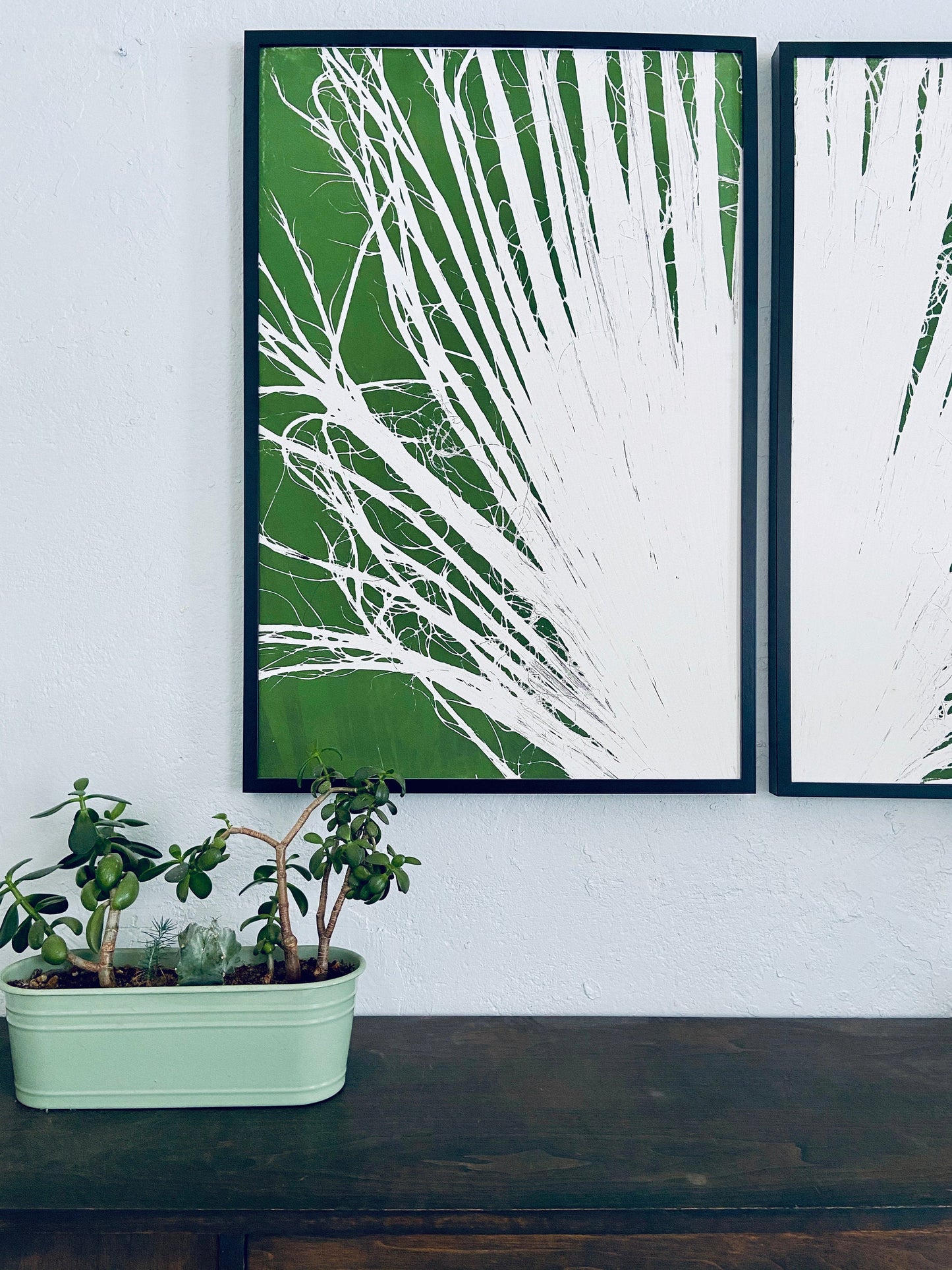 Fan Palm Leaf Diptych Hand Pressed Monoprint on Green Set of 2 - 24x36 each giclee print