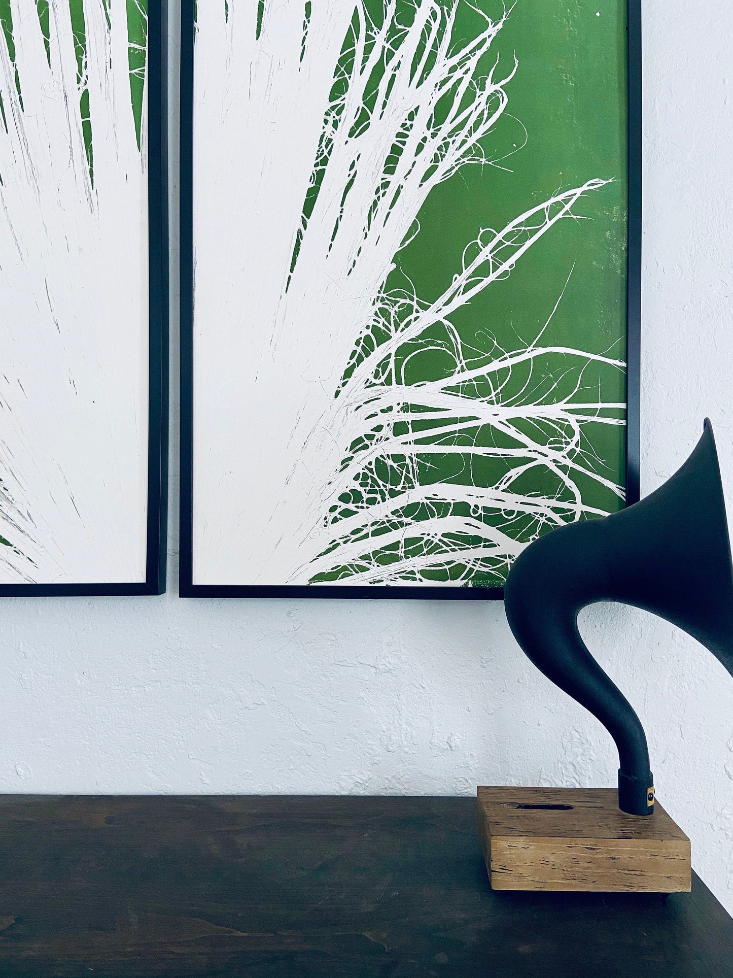 Fan Palm Leaf Diptych Hand Pressed Monoprint on Green Set of 2 - 24x36 each giclee print
