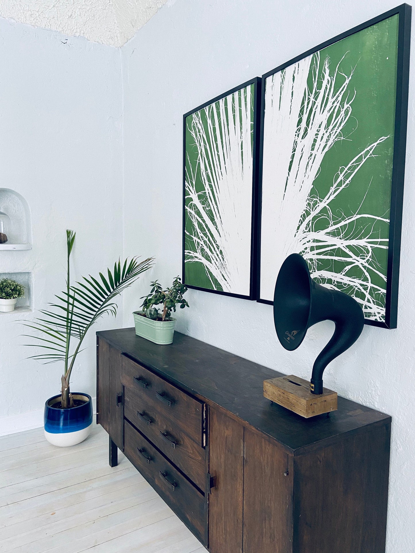 Fan Palm Leaf Diptych Hand Pressed Monoprint on Green Set of 2 - 24x36 each giclee print