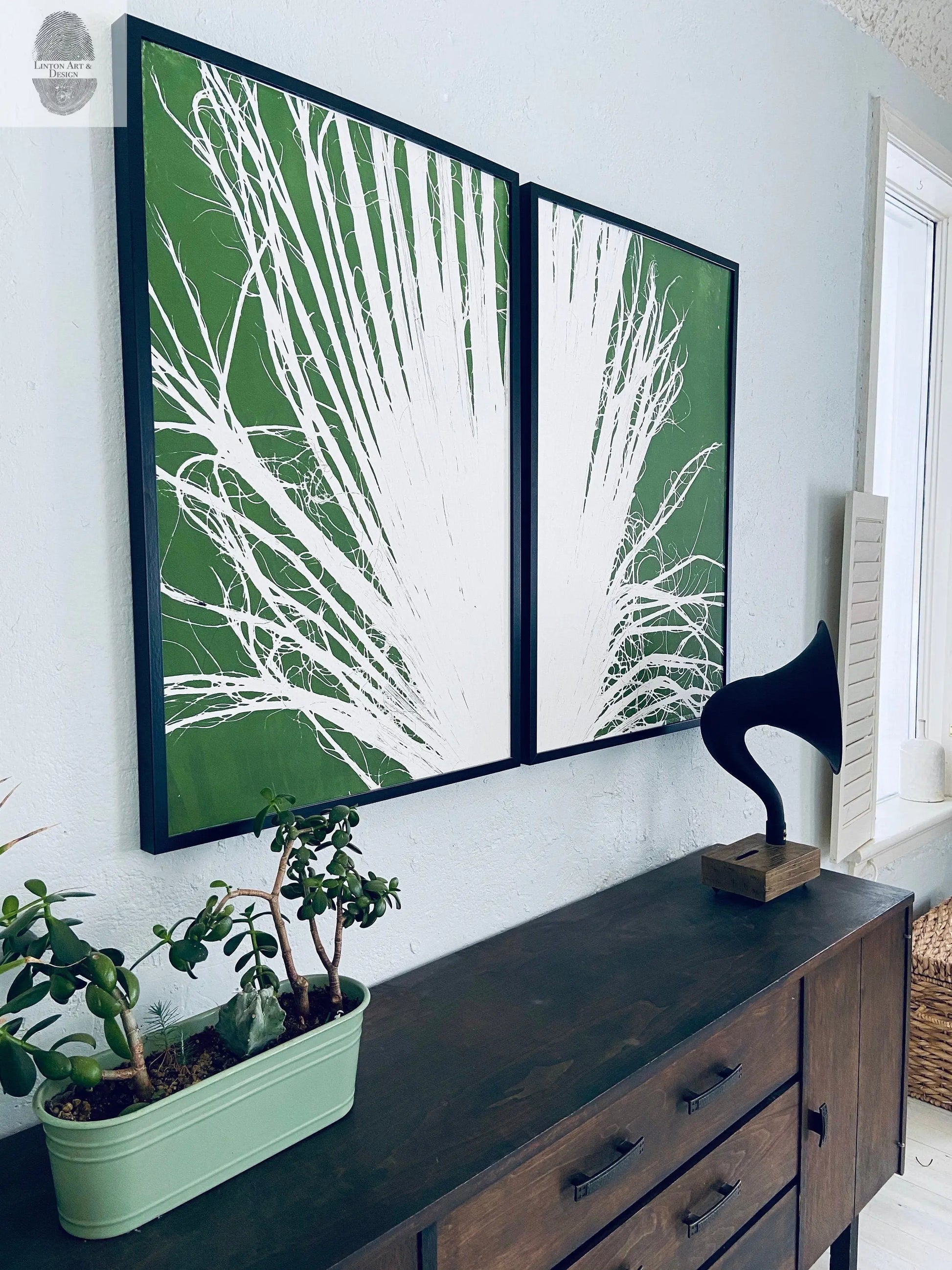 Fan Palm Leaf Diptych Hand Pressed Monoprint on Green Set of 2 - 24x36 each giclee print lintonart