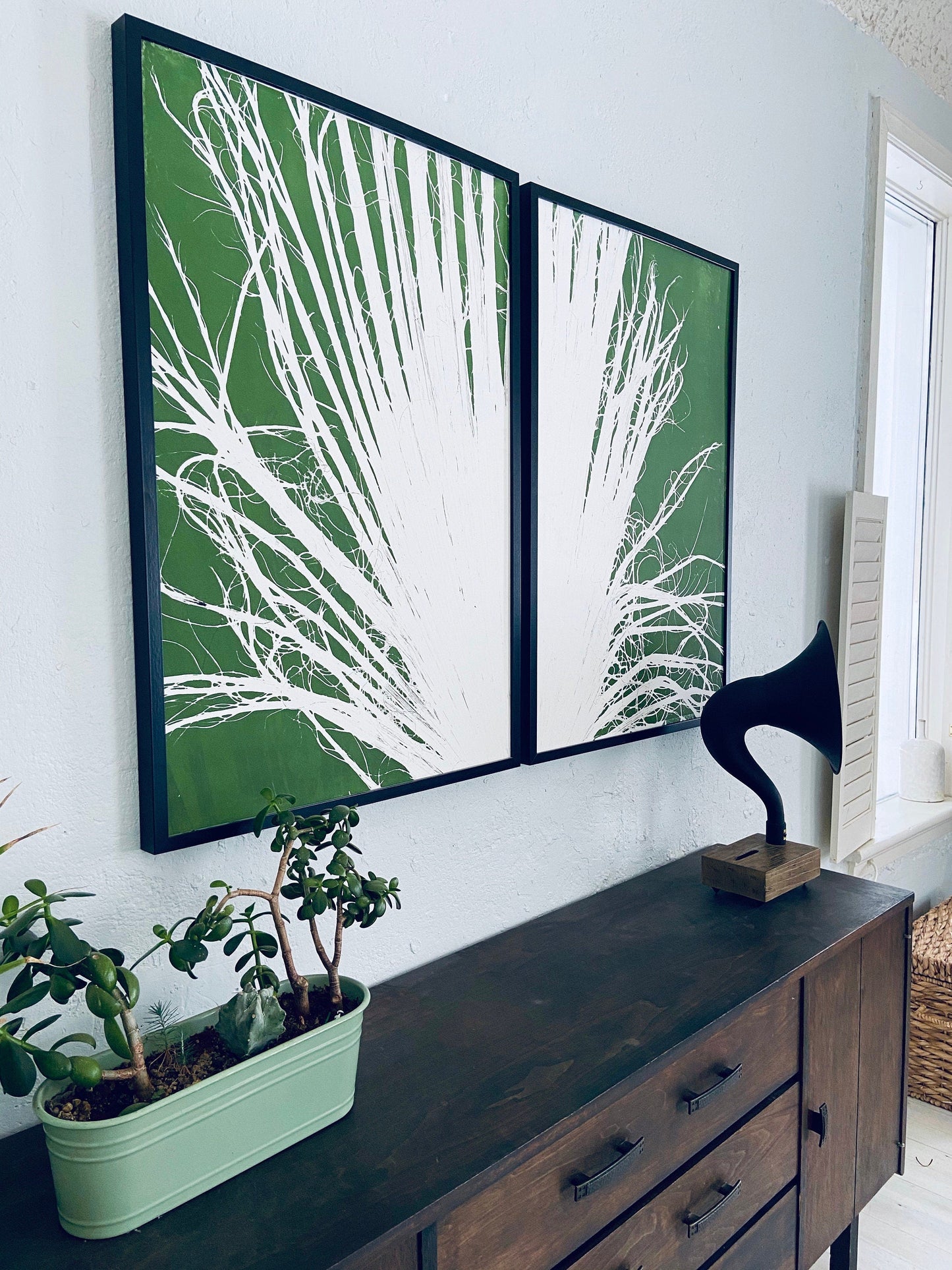 Fan Palm Leaf Diptych Hand Pressed Monoprint on Green Set of 2 - 24x36 each giclee print