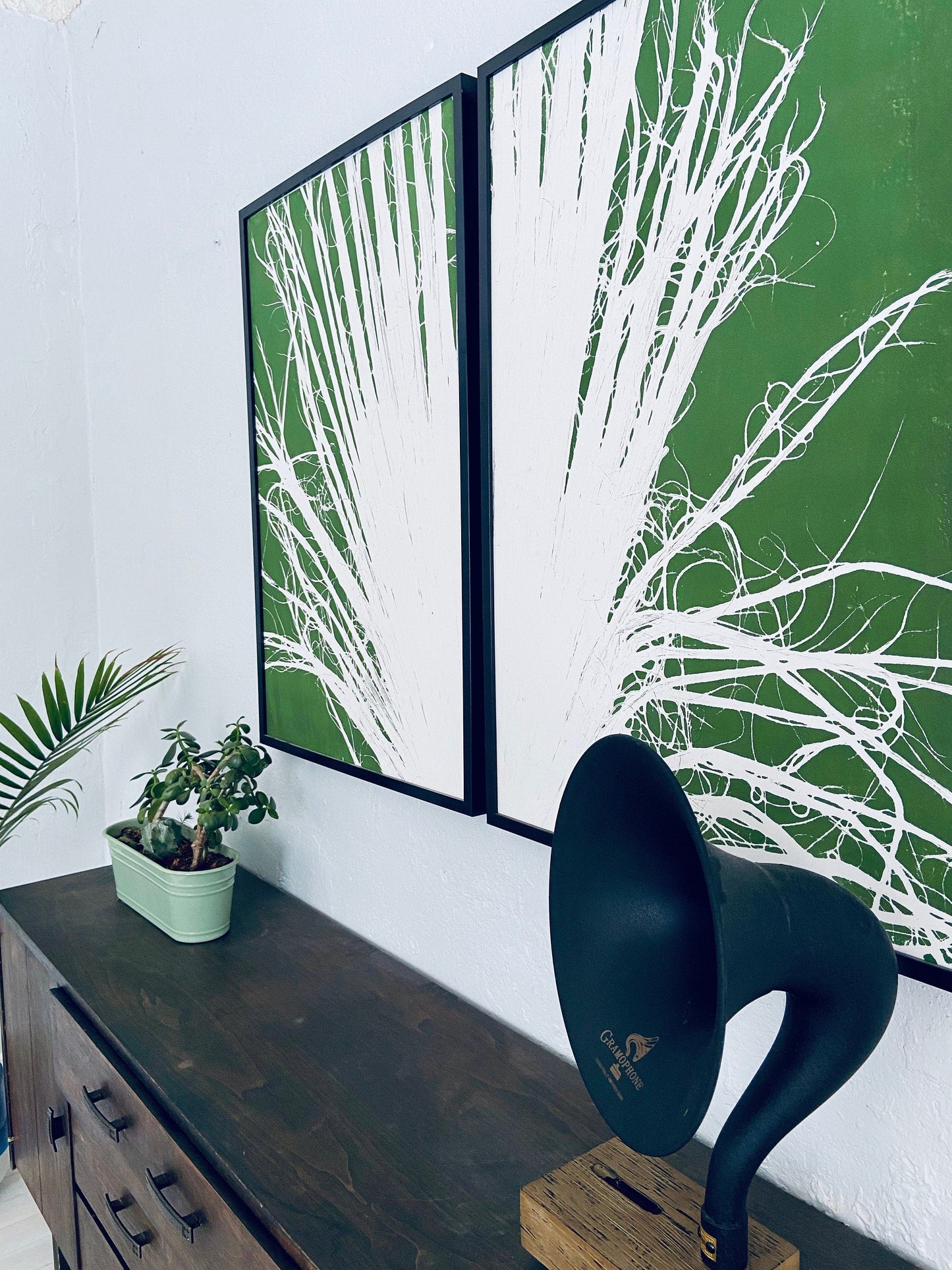Fan Palm Leaf Diptych Hand Pressed Monoprint on Green Set of 2 - 24x36 each giclee print