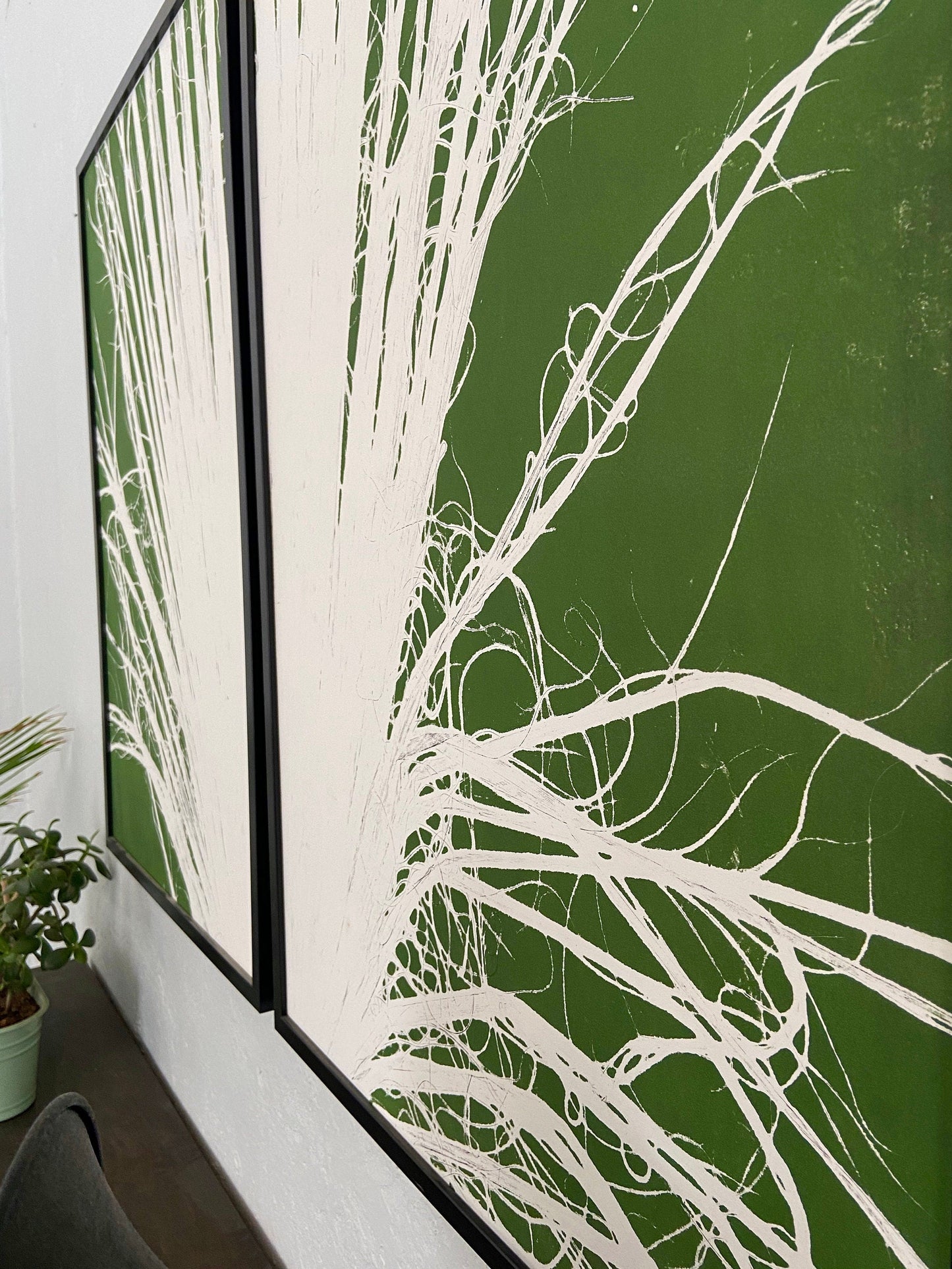Fan Palm Leaf Diptych Hand Pressed Monoprint on Green Set of 2 - 24x36 each giclee print