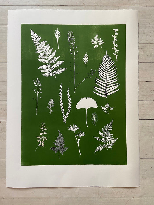 Fern Collage Hand Pressed Botanical Monoprint on Green - giclee print