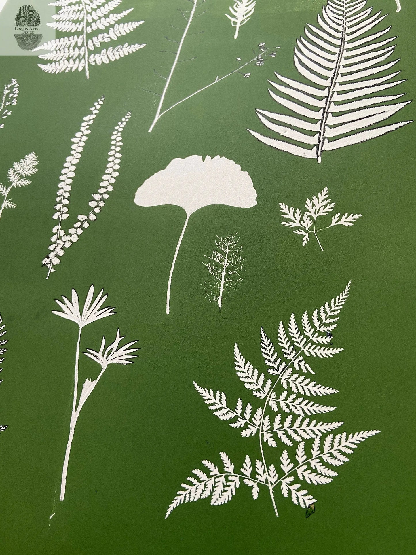 Fern Collage Hand Pressed Botanical Monoprint on Green - giclee print lintonart