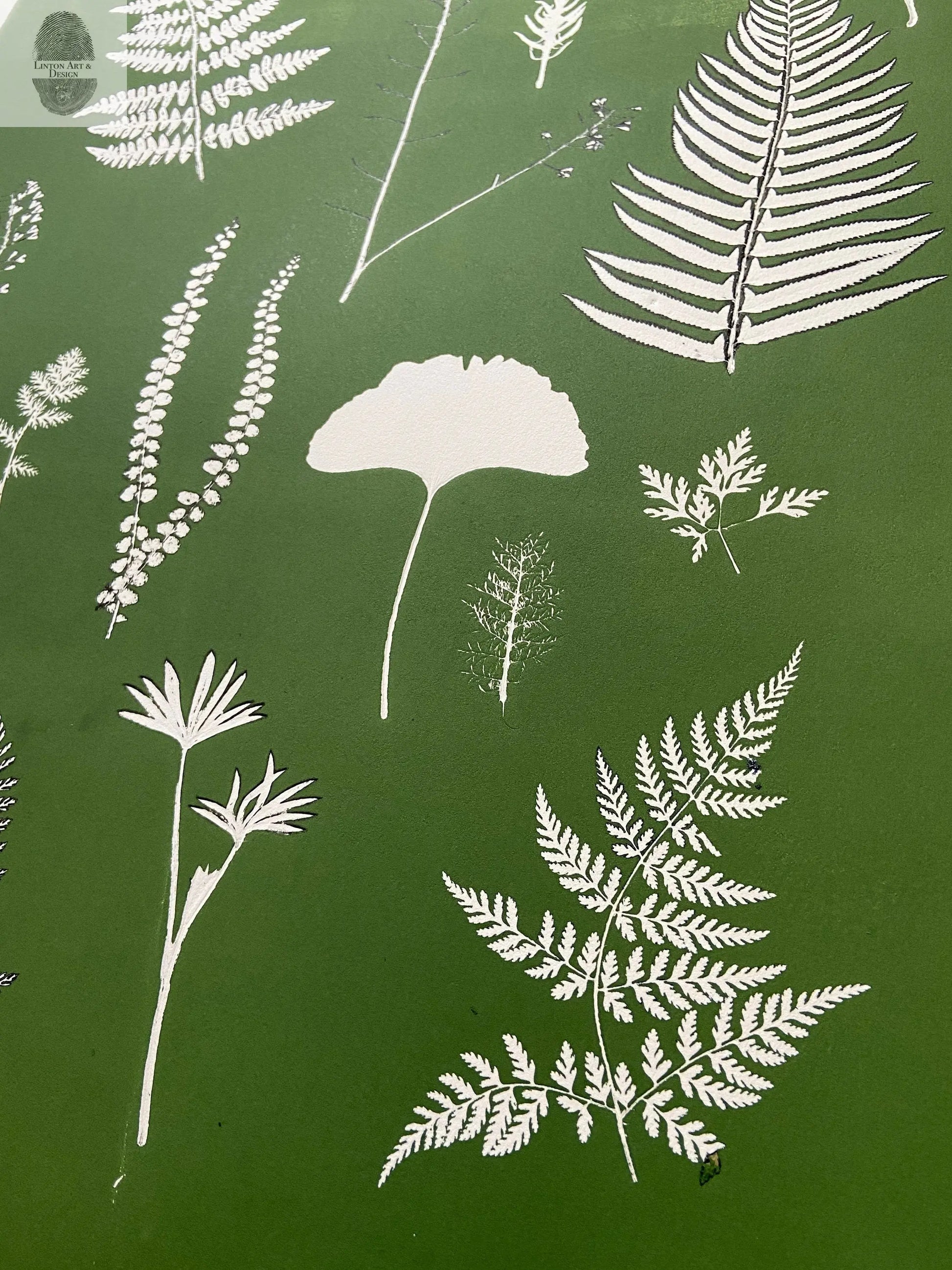 Fern Collage Hand Pressed Botanical Monoprint on Green - giclee print lintonart