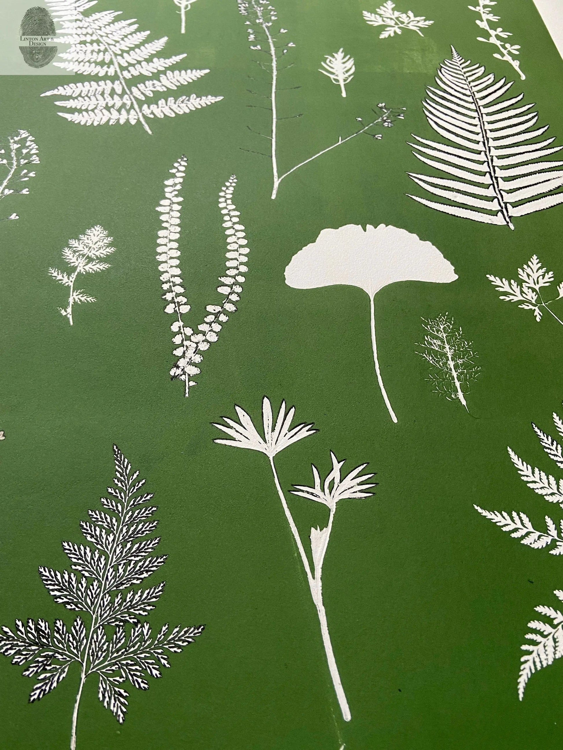 Fern Collage Hand Pressed Botanical Monoprint on Green - giclee print lintonart