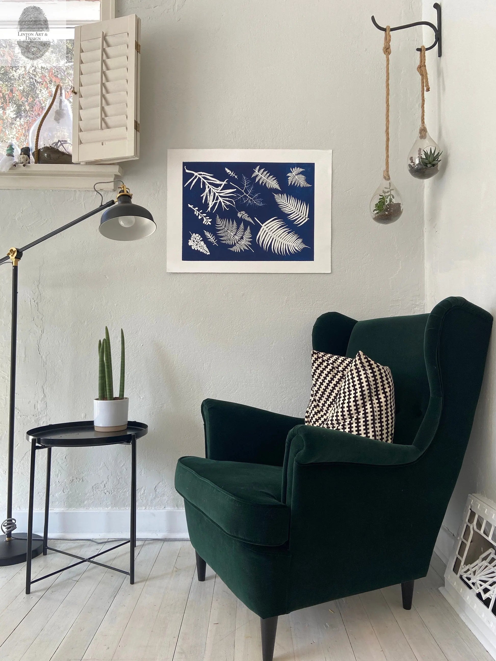 Ferns Collage Hand Pressed Botanical Monoprint on Blue - 18x24 Giclee Print lintonart