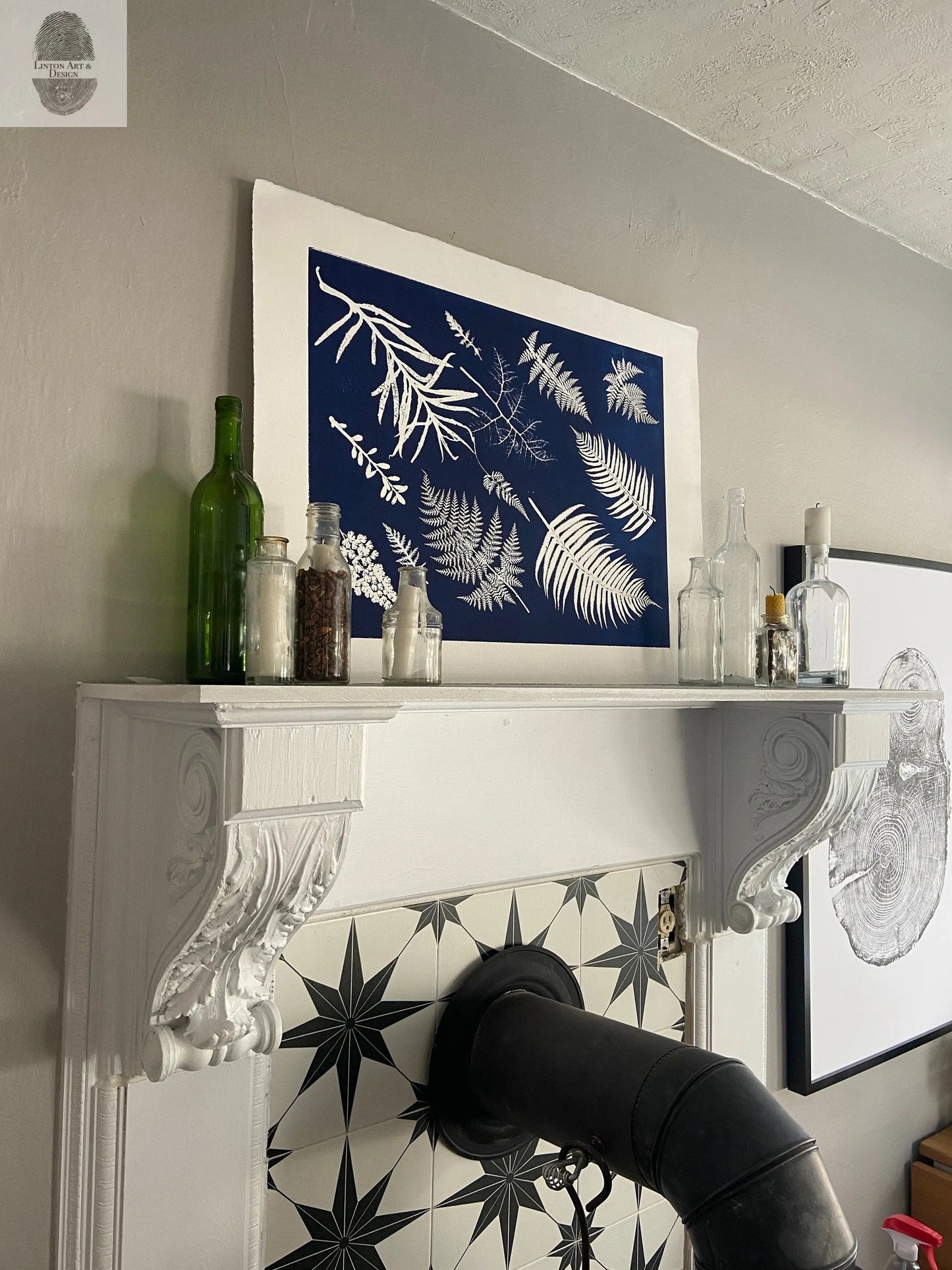 Ferns Collage Hand Pressed Botanical Monoprint on Blue - 18x24 Giclee Print lintonart