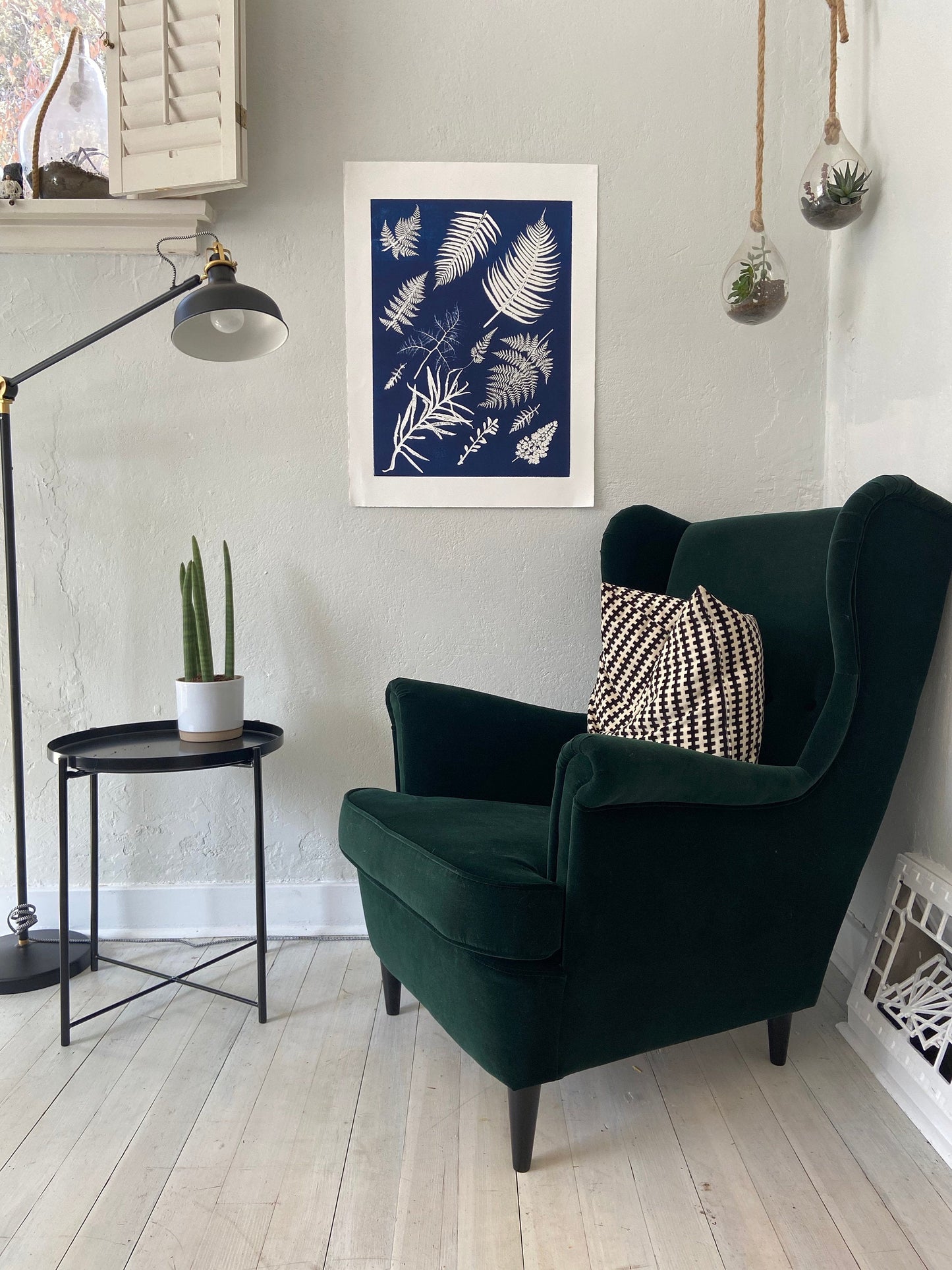 Ferns Collage Hand Pressed Botanical Monoprint on Blue - 18x24 giclee print