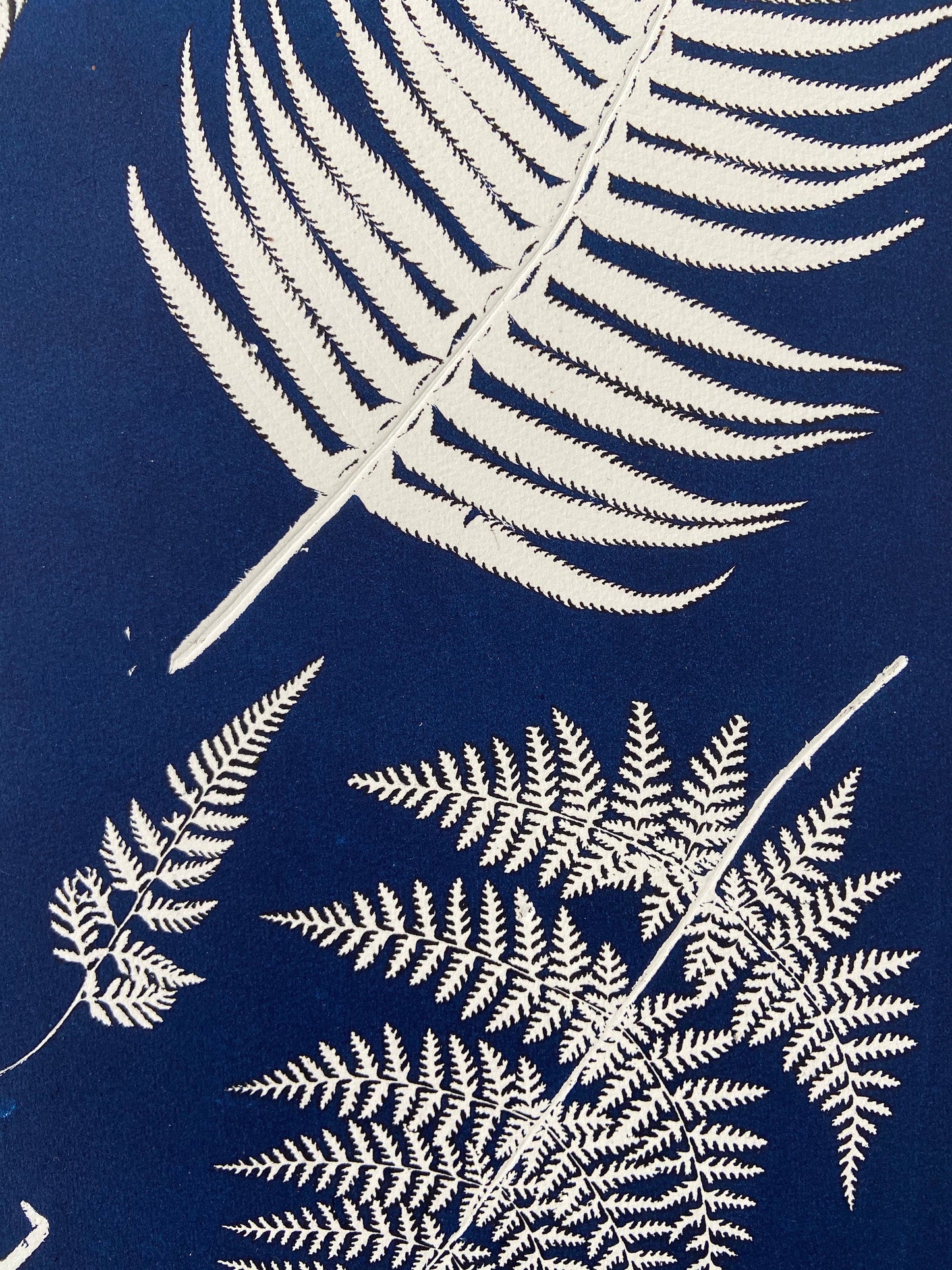 Ferns Collage Hand Pressed Botanical Monoprint on Blue - 18x24 giclee print
