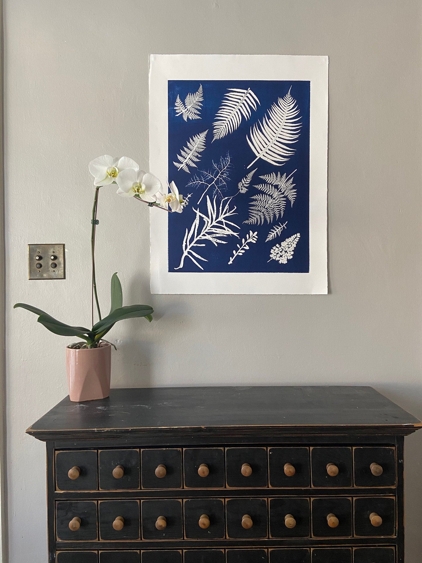 Ferns Collage Hand Pressed Botanical Monoprint on Blue - 18x24 giclee print
