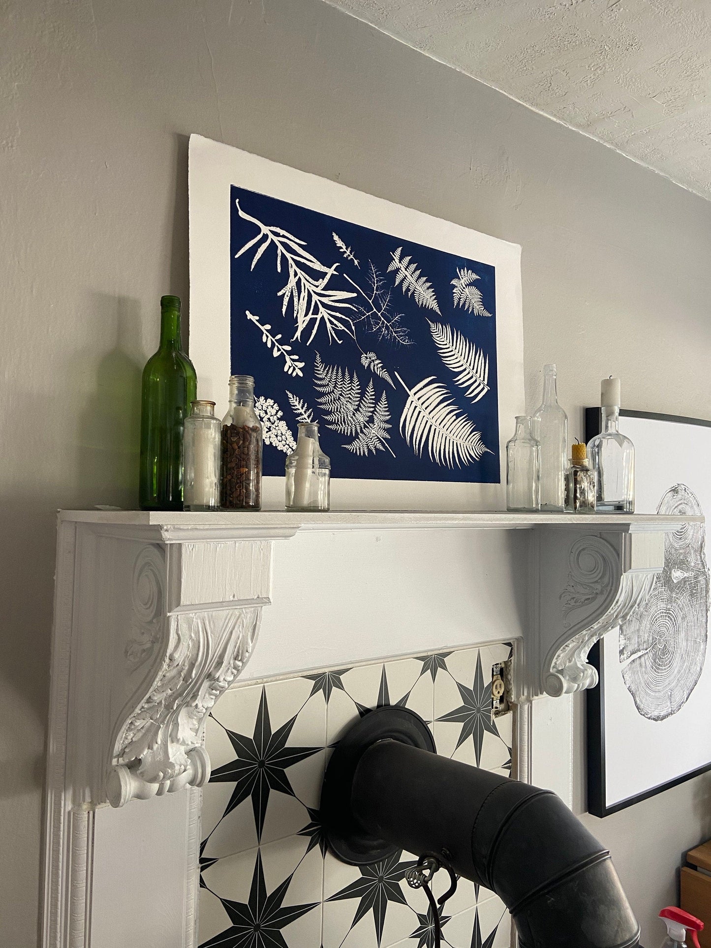 Ferns Collage Hand Pressed Botanical Monoprint on Blue - 18x24 giclee print