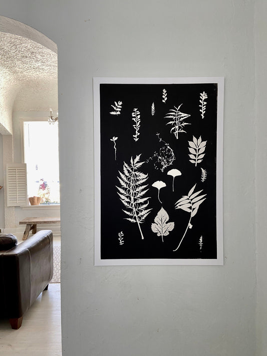 Ferns and Leaves Collage III, Hand Pressed Botanical Monoprint on Black - 24x36 giclee print