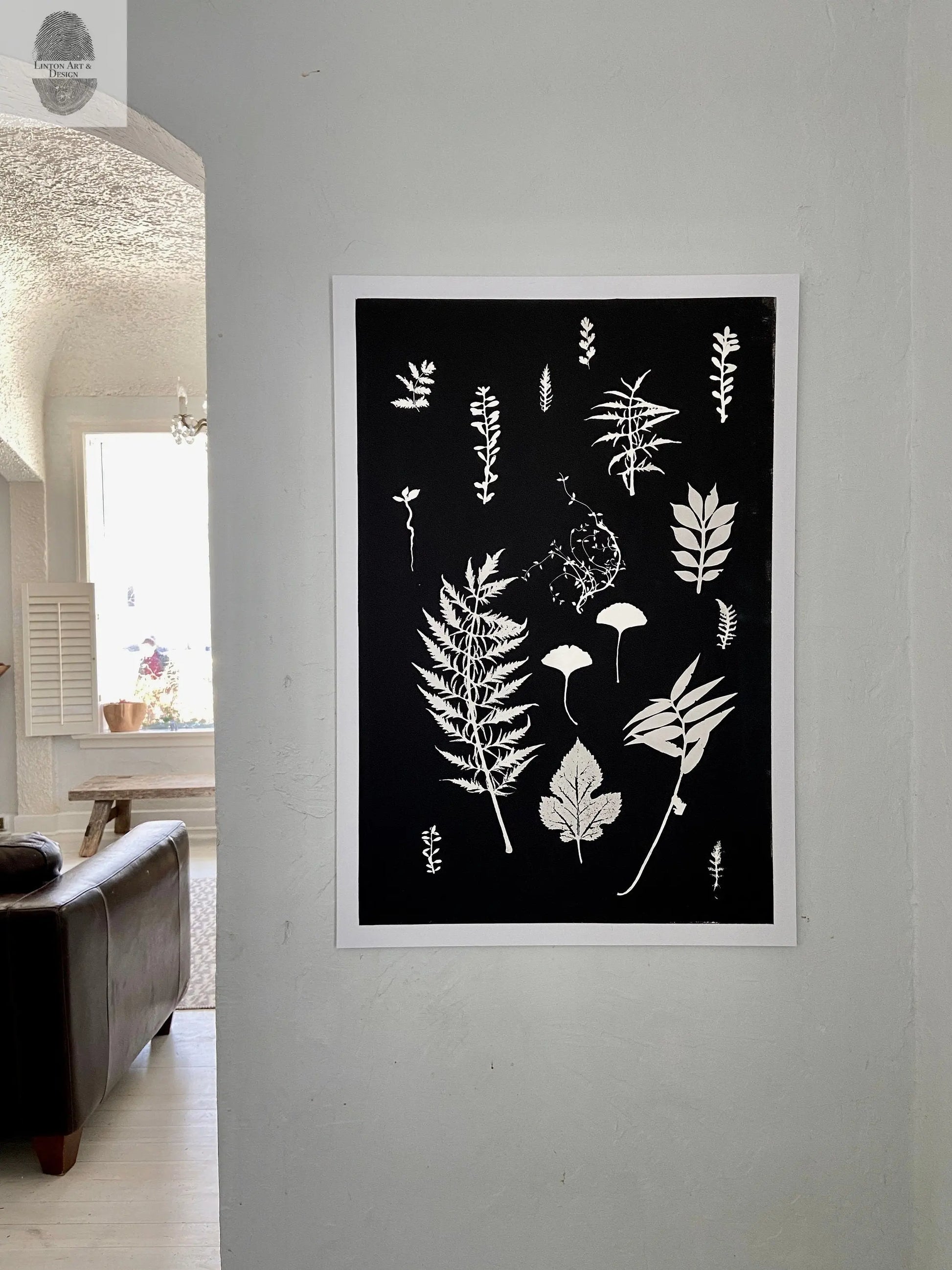 Ferns and Leaves Collage III, Hand Pressed Botanical Monoprint on Black - 24x36 giclee print lintonart