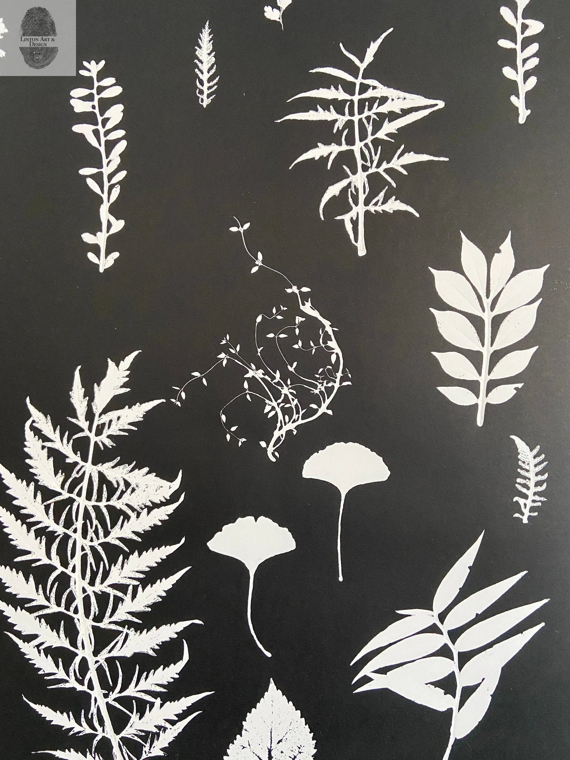 Ferns and Leaves Collage III, Hand Pressed Botanical Monoprint on Black - 24x36 giclee print lintonart