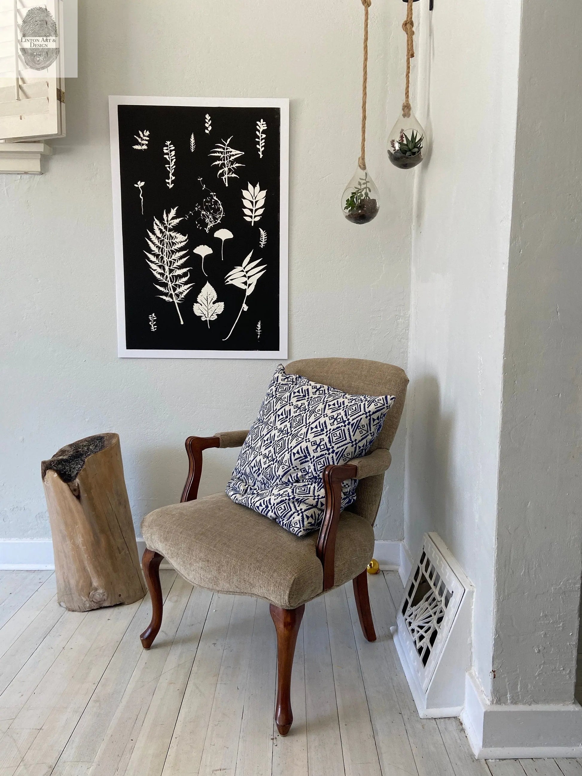 Ferns and Leaves Collage III, Hand Pressed Botanical Monoprint on Black - 24x36 giclee print lintonart
