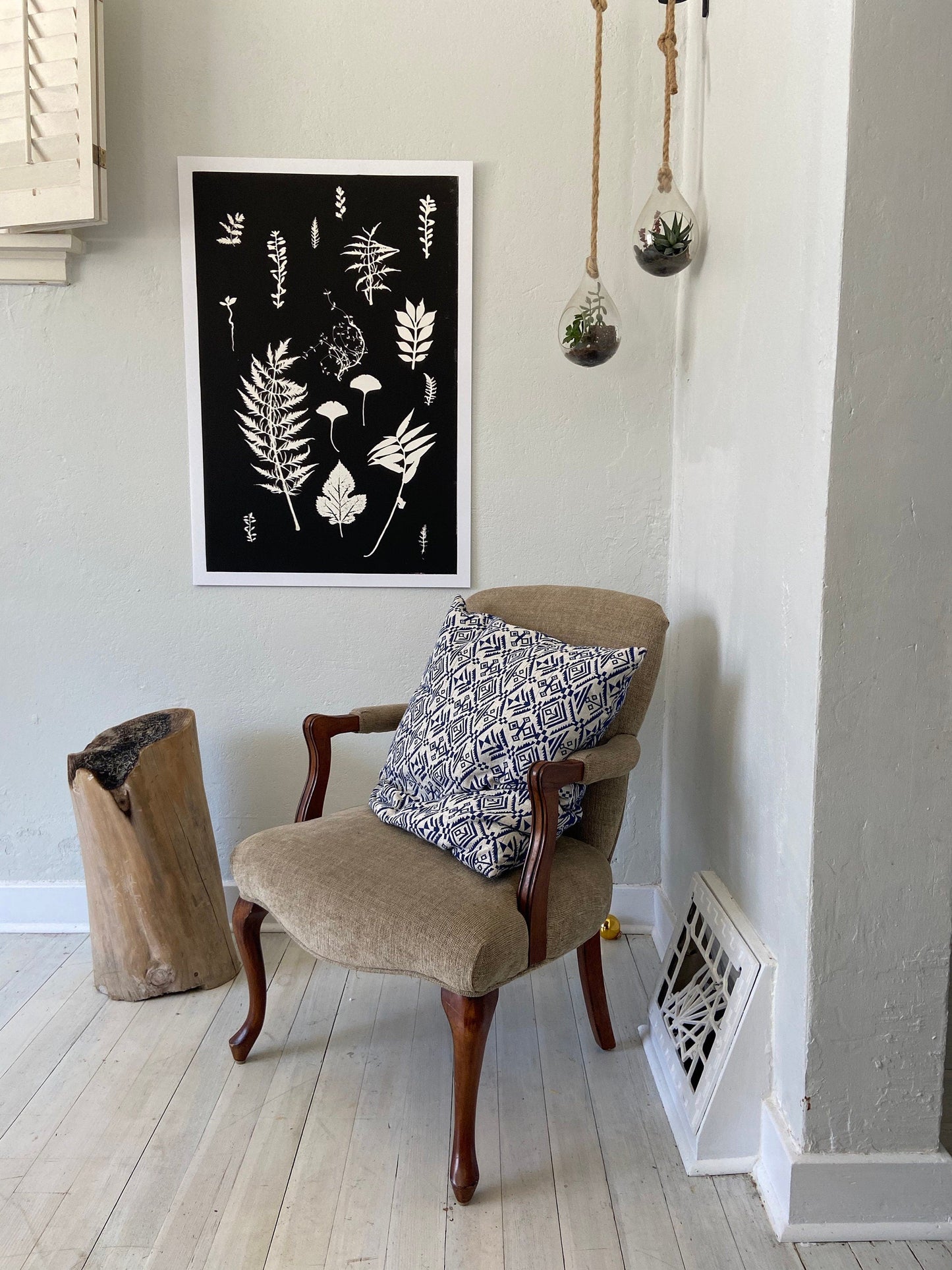 Ferns and Leaves Collage III, Hand Pressed Botanical Monoprint on Black - 24x36 giclee print