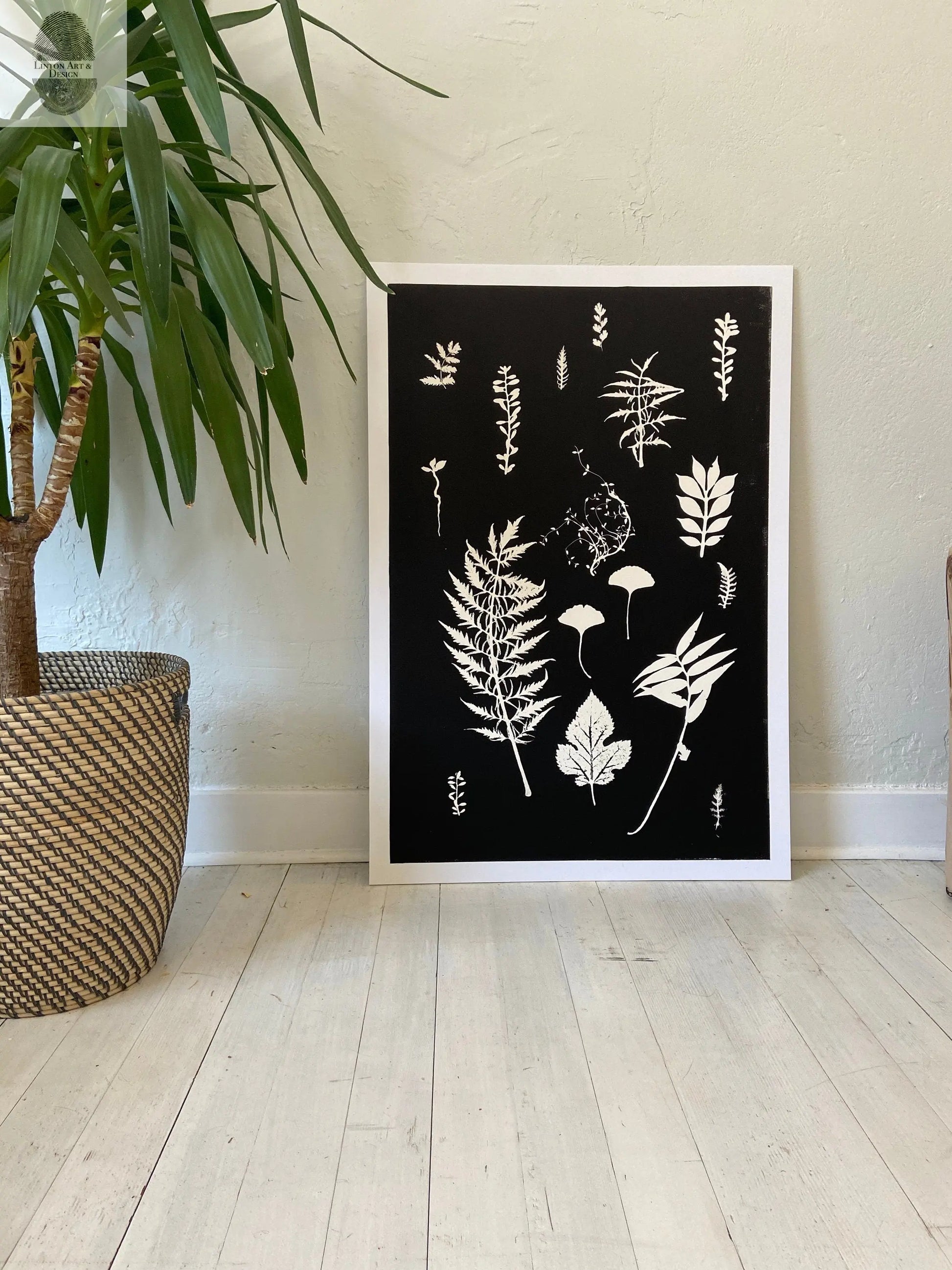 Ferns and Leaves Collage III, Hand Pressed Botanical Monoprint on Black - 24x36 giclee print lintonart