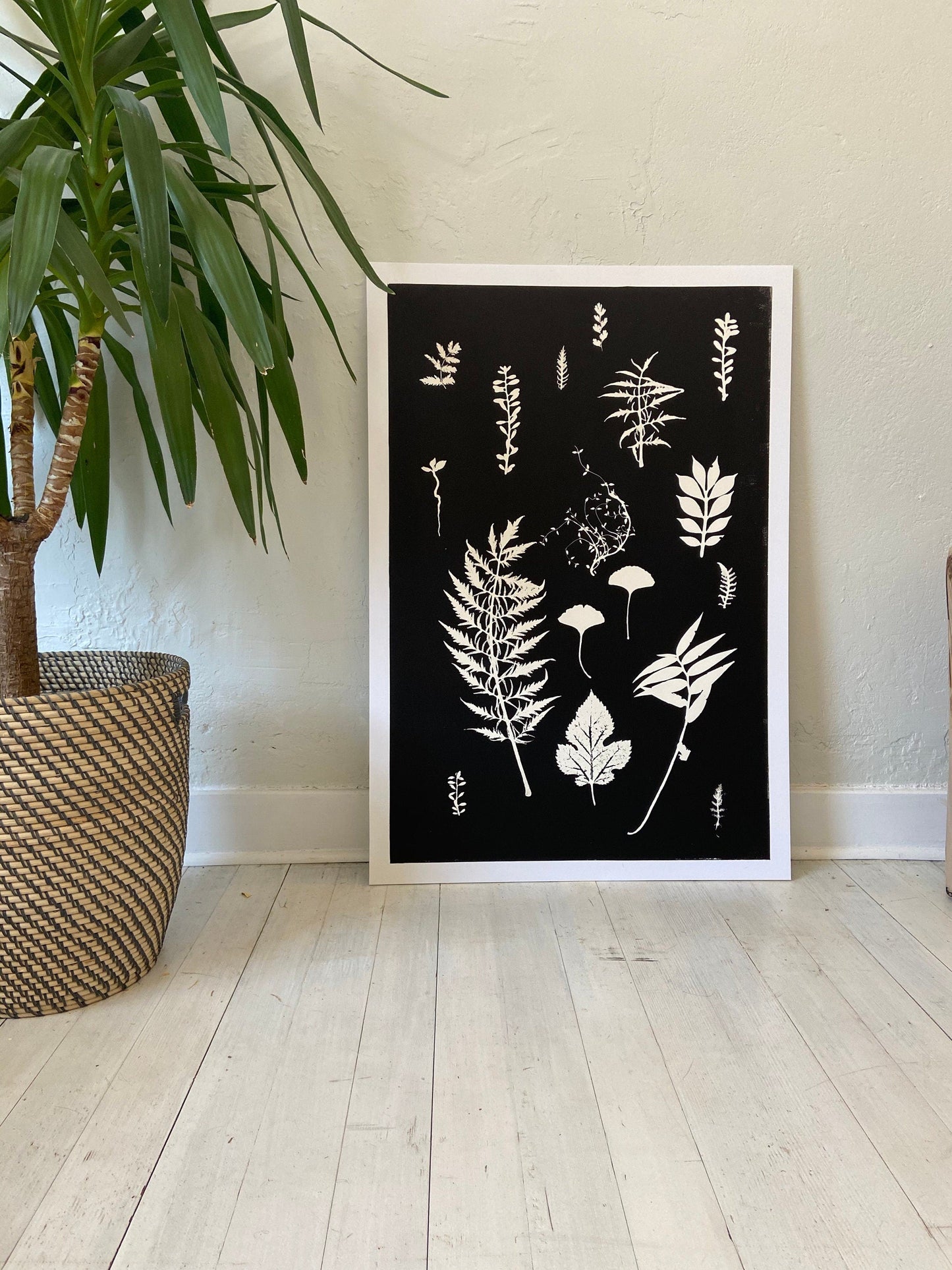 Ferns and Leaves Collage III, Hand Pressed Botanical Monoprint on Black - 24x36 giclee print