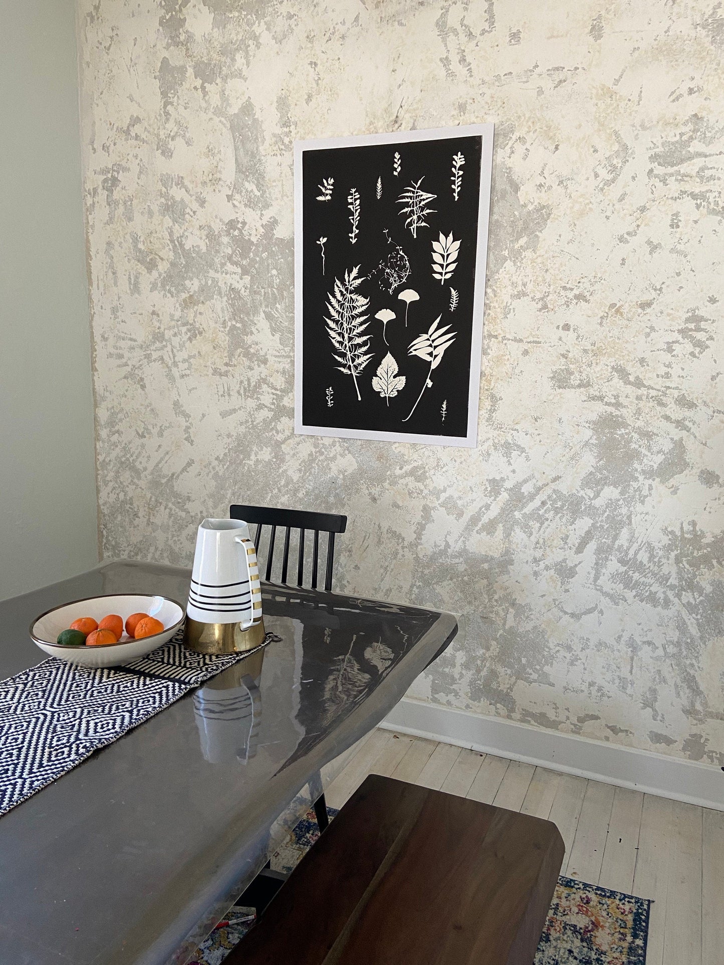 Ferns and Leaves Collage III, Hand Pressed Botanical Monoprint on Black - 24x36 giclee print