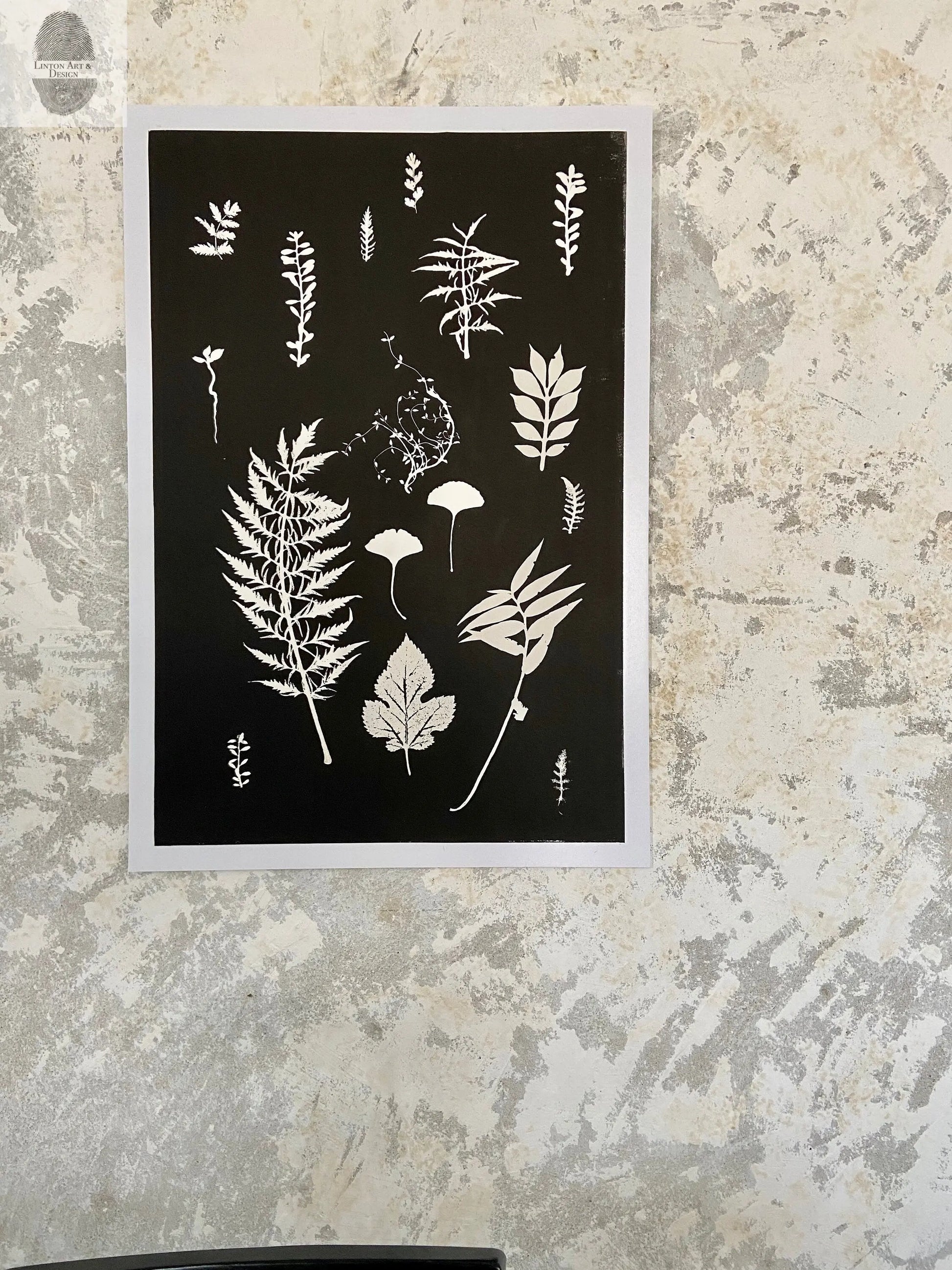 Ferns and Leaves Collage III, Hand Pressed Botanical Monoprint on Black - 24x36 giclee print lintonart
