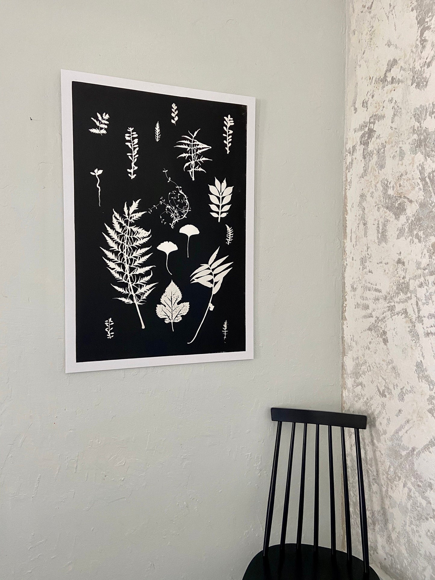 Ferns and Leaves Collage III, Hand Pressed Botanical Monoprint on Black - 24x36 giclee print