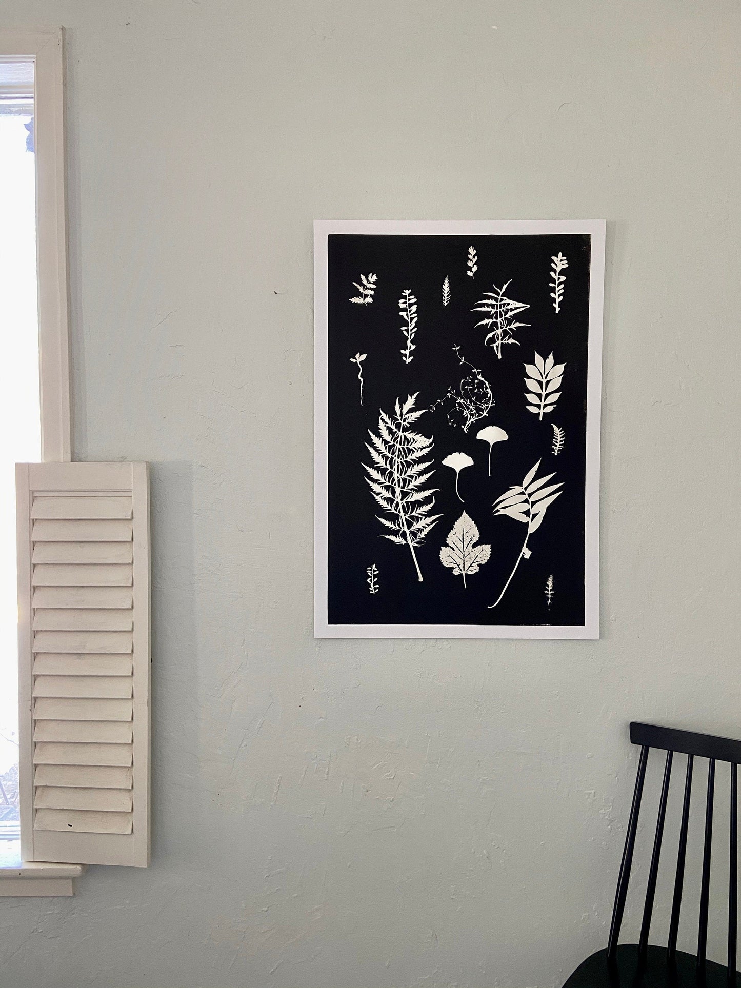 Ferns and Leaves Collage III, Hand Pressed Botanical Monoprint on Black - 24x36 giclee print