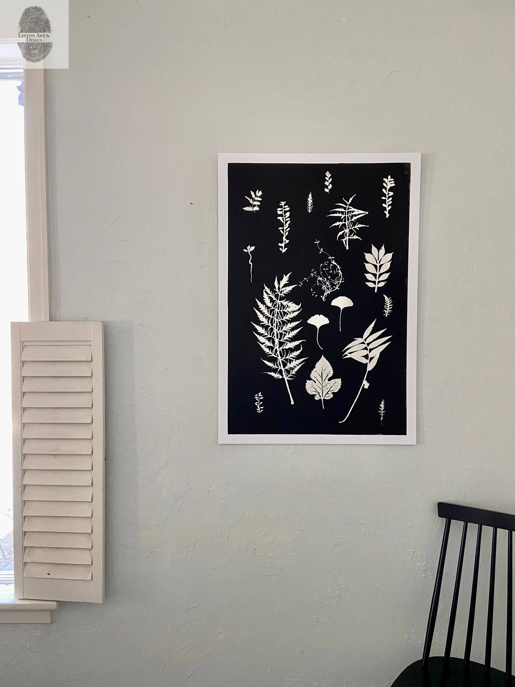 Ferns and Leaves Collage III, Hand Pressed Botanical Monoprint on Black - 24x36 giclee print lintonart