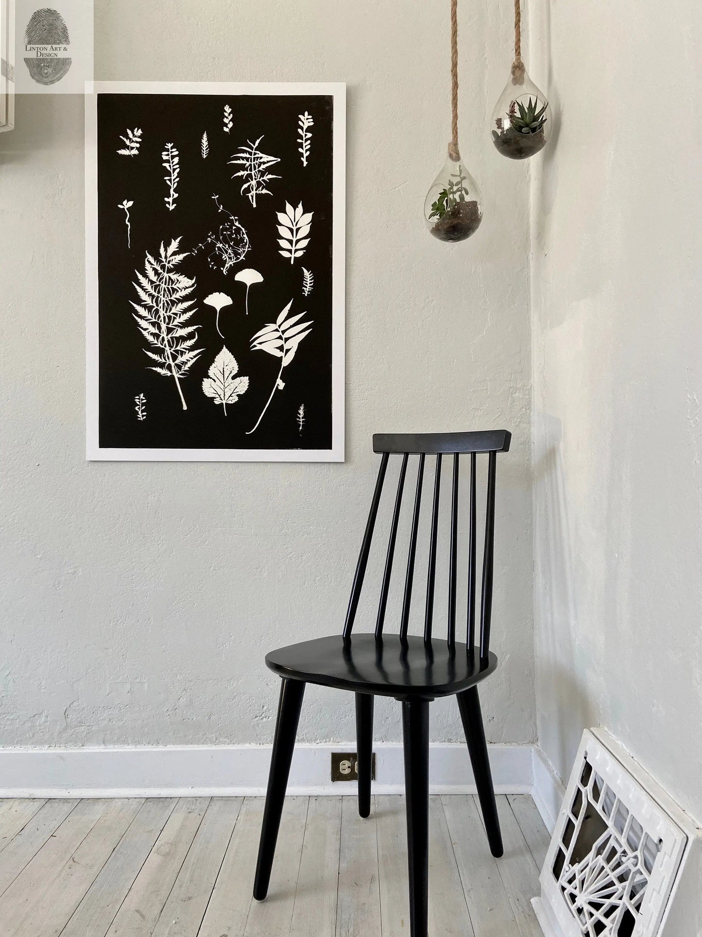 Ferns and Leaves Collage III, Hand Pressed Botanical Monoprint on Black - 24x36 giclee print lintonart