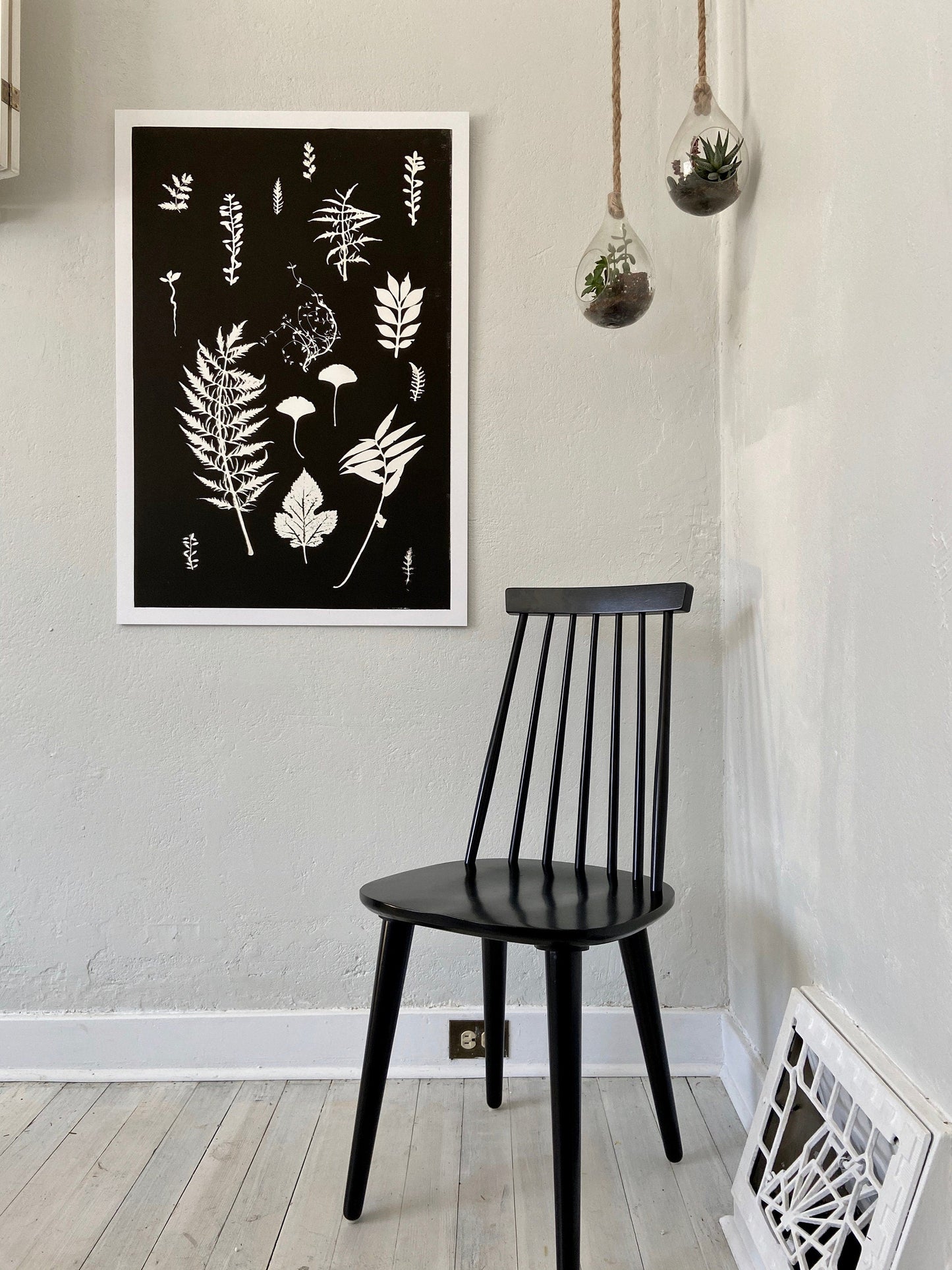Ferns and Leaves Collage III, Hand Pressed Botanical Monoprint on Black - 24x36 giclee print