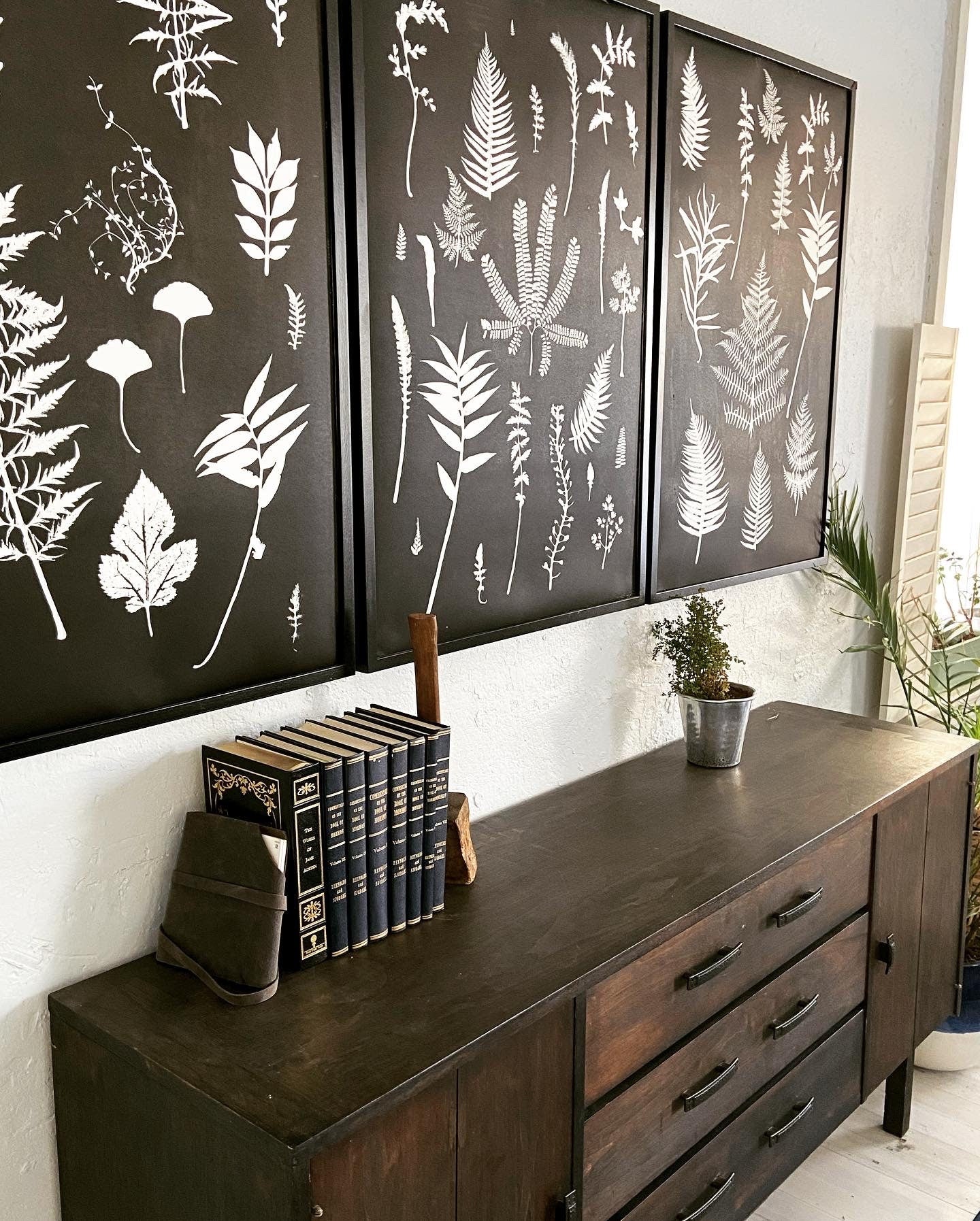 Ferns and Leaves Collage III, Hand Pressed Botanical Monoprint on Black - 24x36 giclee print