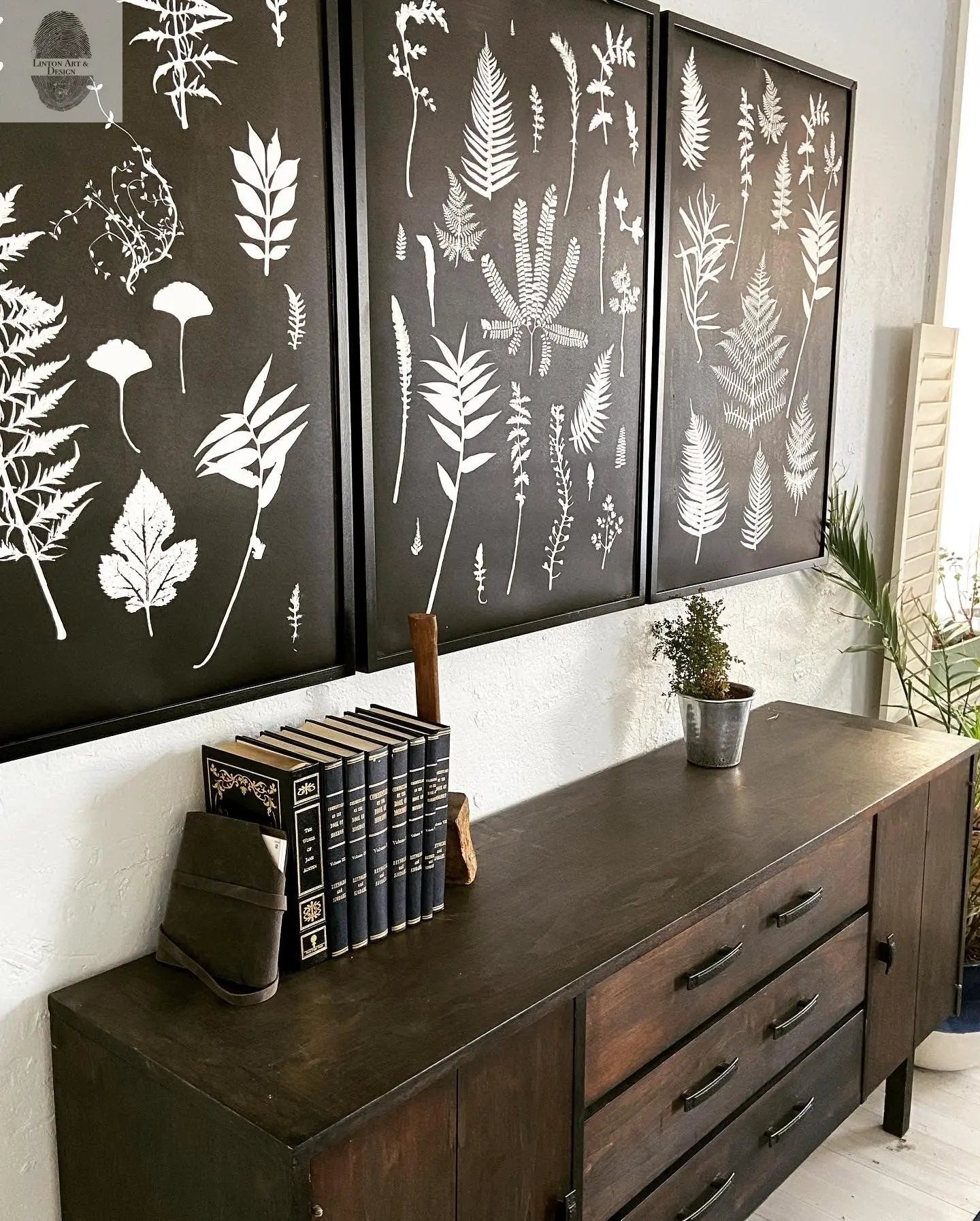 Ferns and Leaves Collage III, Hand Pressed Botanical Monoprint on Black - 24x36 giclee print lintonart