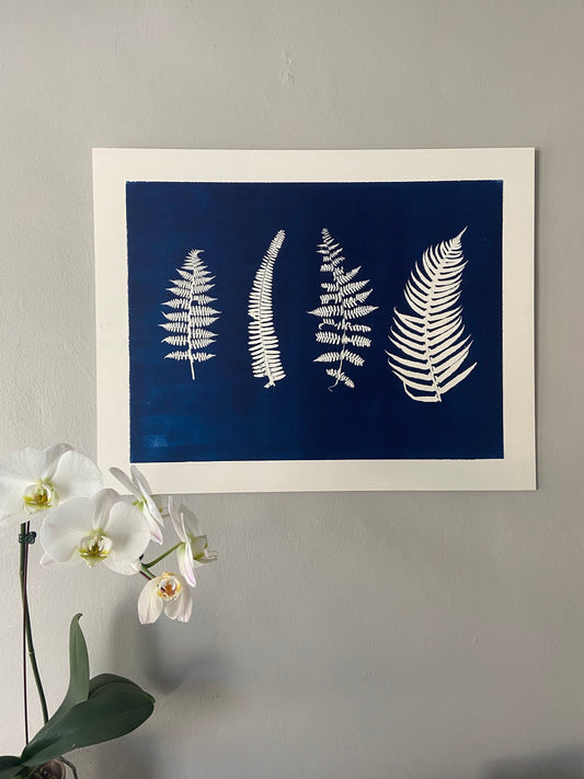 Ferns and Leaves Hand Pressed Botanical Monoprint in Blue - 18x24 giclee print