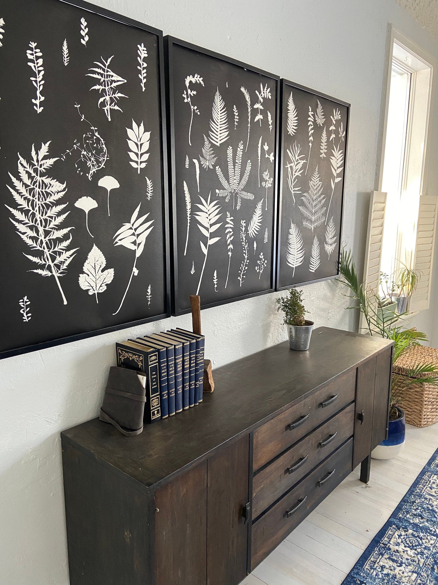 Ferns and Leaves Hand Pressed Botanical Monoprint on Black Set of 3 - 24x36 each giclee print