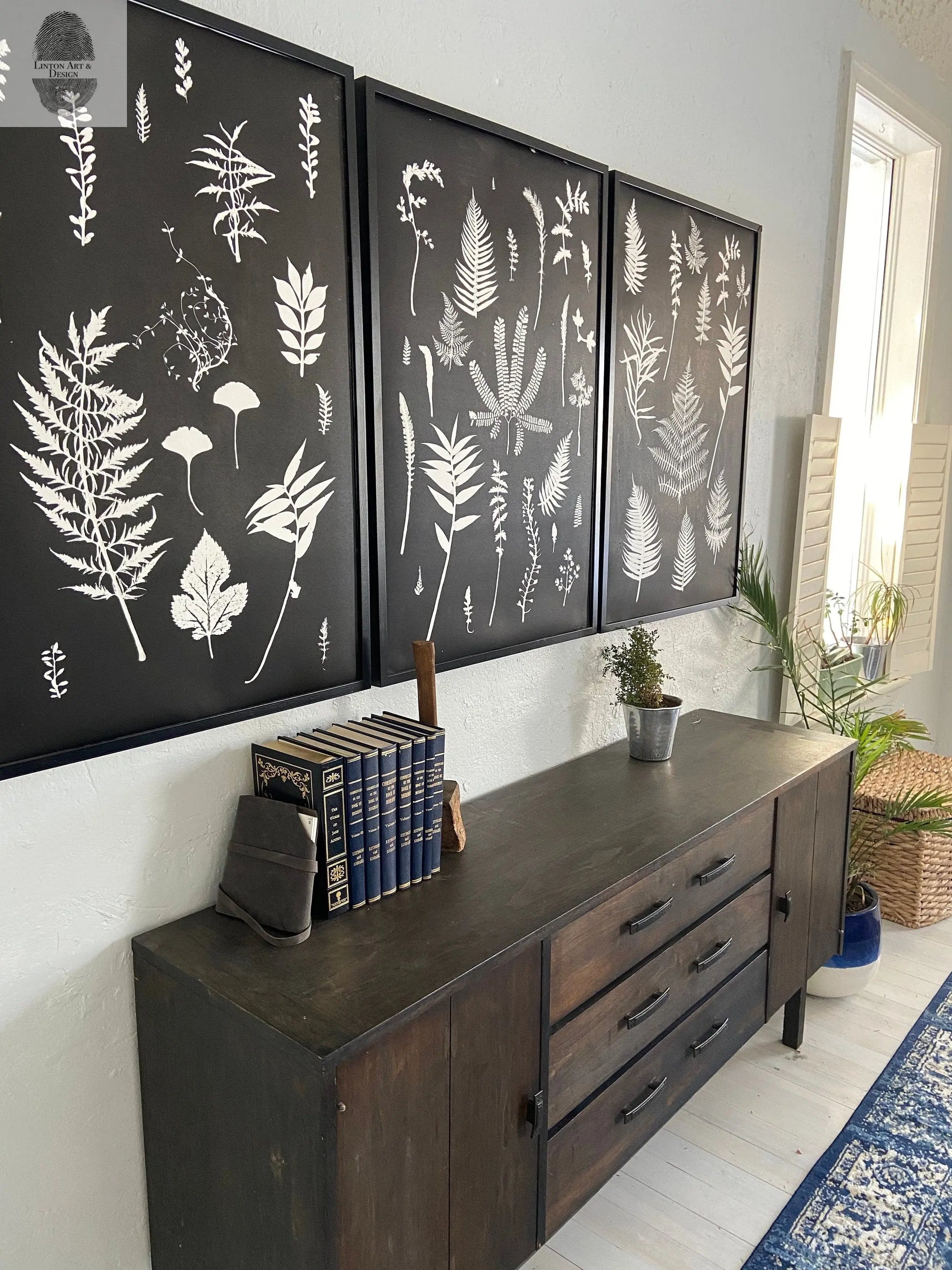 Ferns and Leaves Hand Pressed Botanical Monoprint on Black Set of 3 - 24x36 each giclee print lintonart