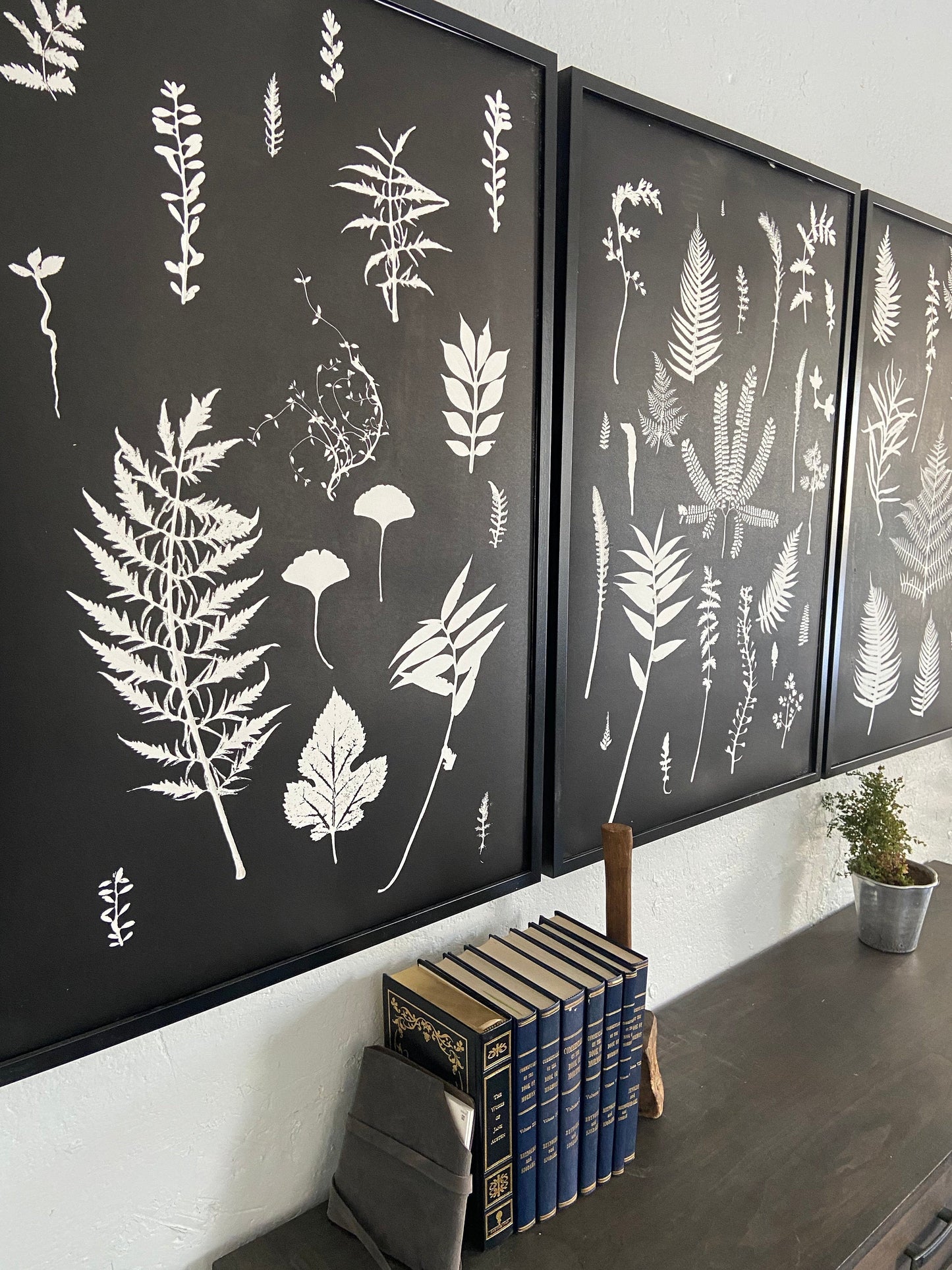 Ferns and Leaves Hand Pressed Botanical Monoprint on Black Set of 3 - 24x36 each giclee print
