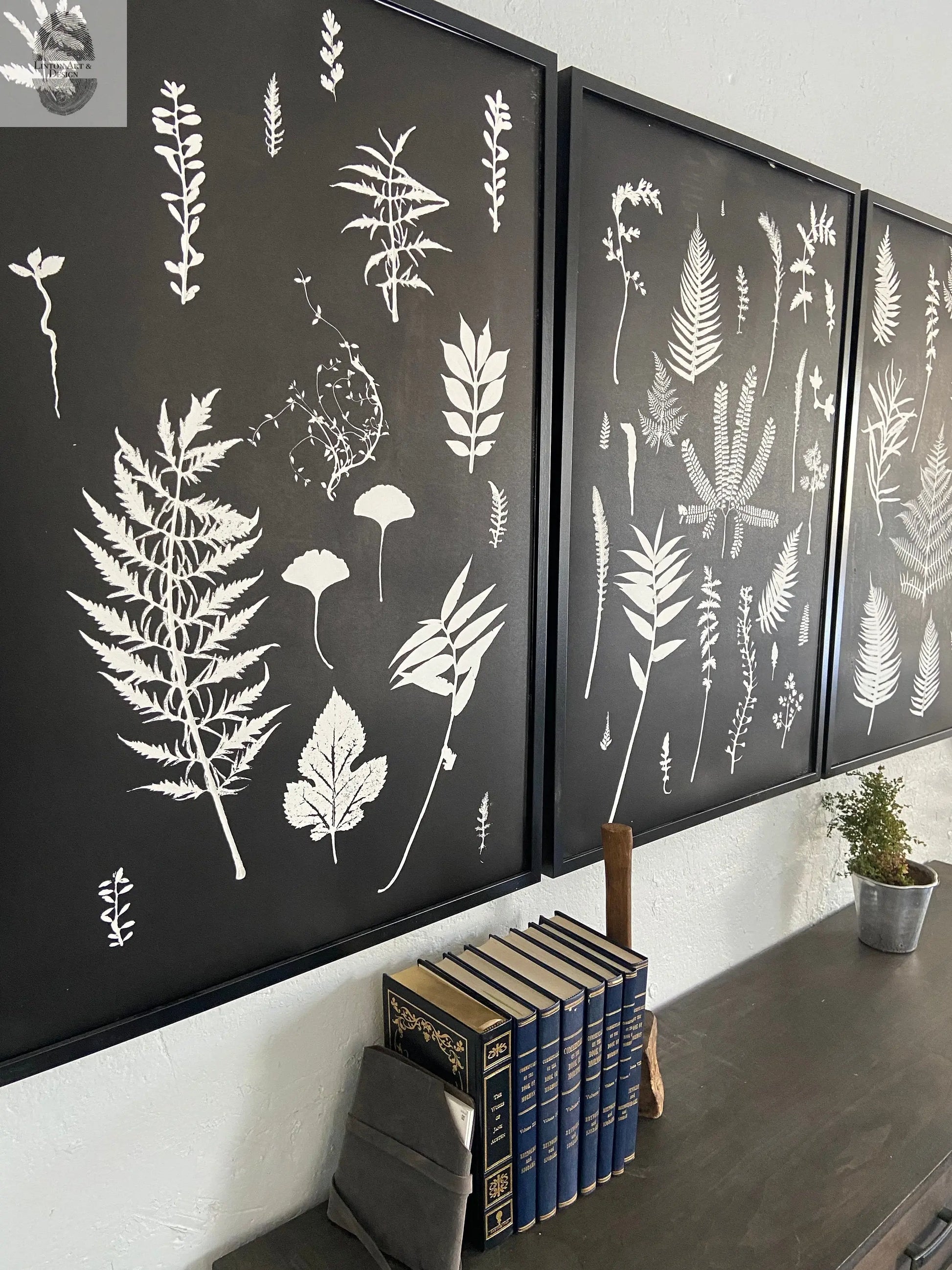 Ferns and Leaves Hand Pressed Botanical Monoprint on Black Set of 3 - 24x36 each giclee print lintonart