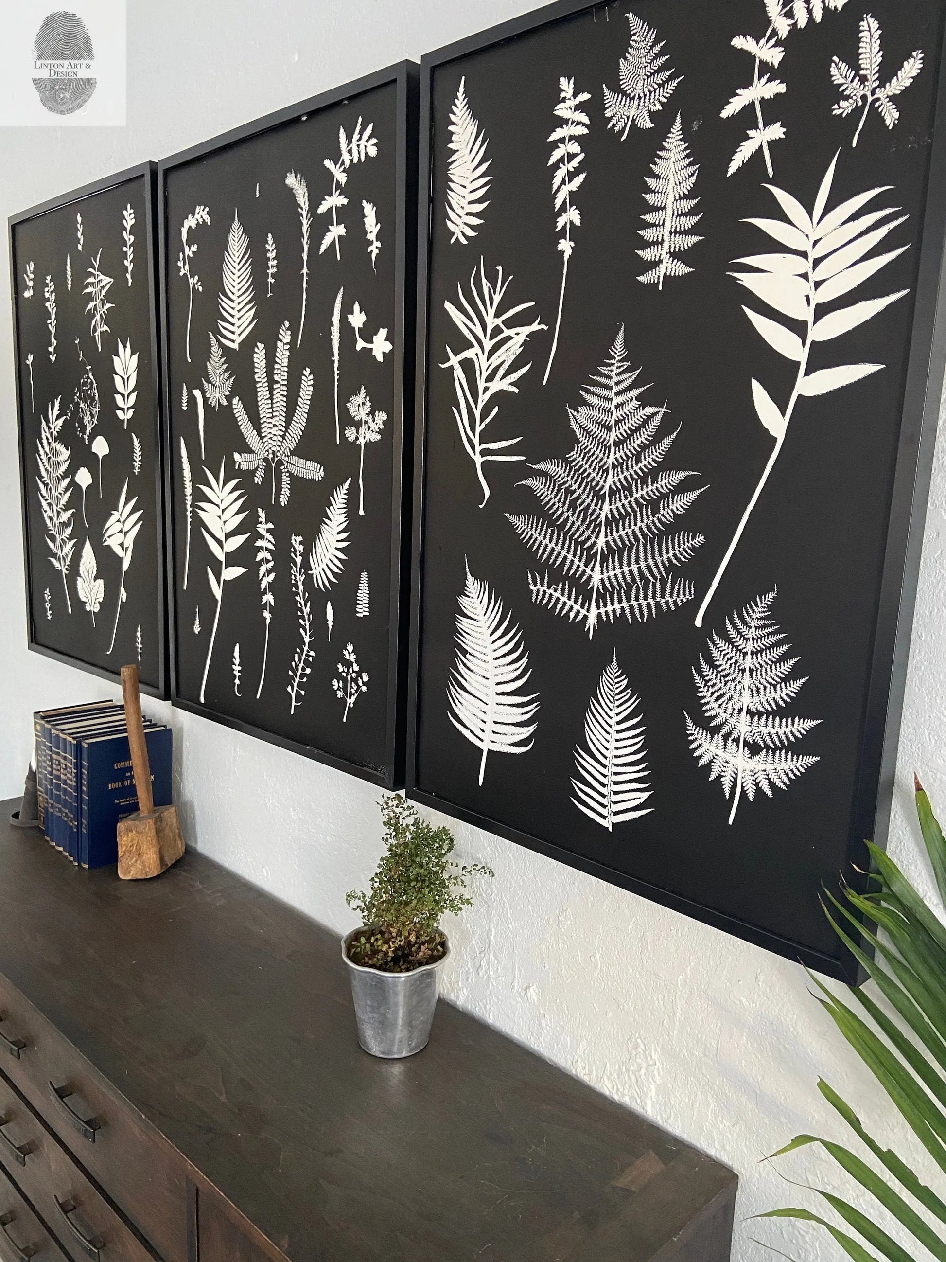 Ferns and Leaves Hand Pressed Botanical Monoprint on Black Set of 3 - 24x36 each giclee print lintonart