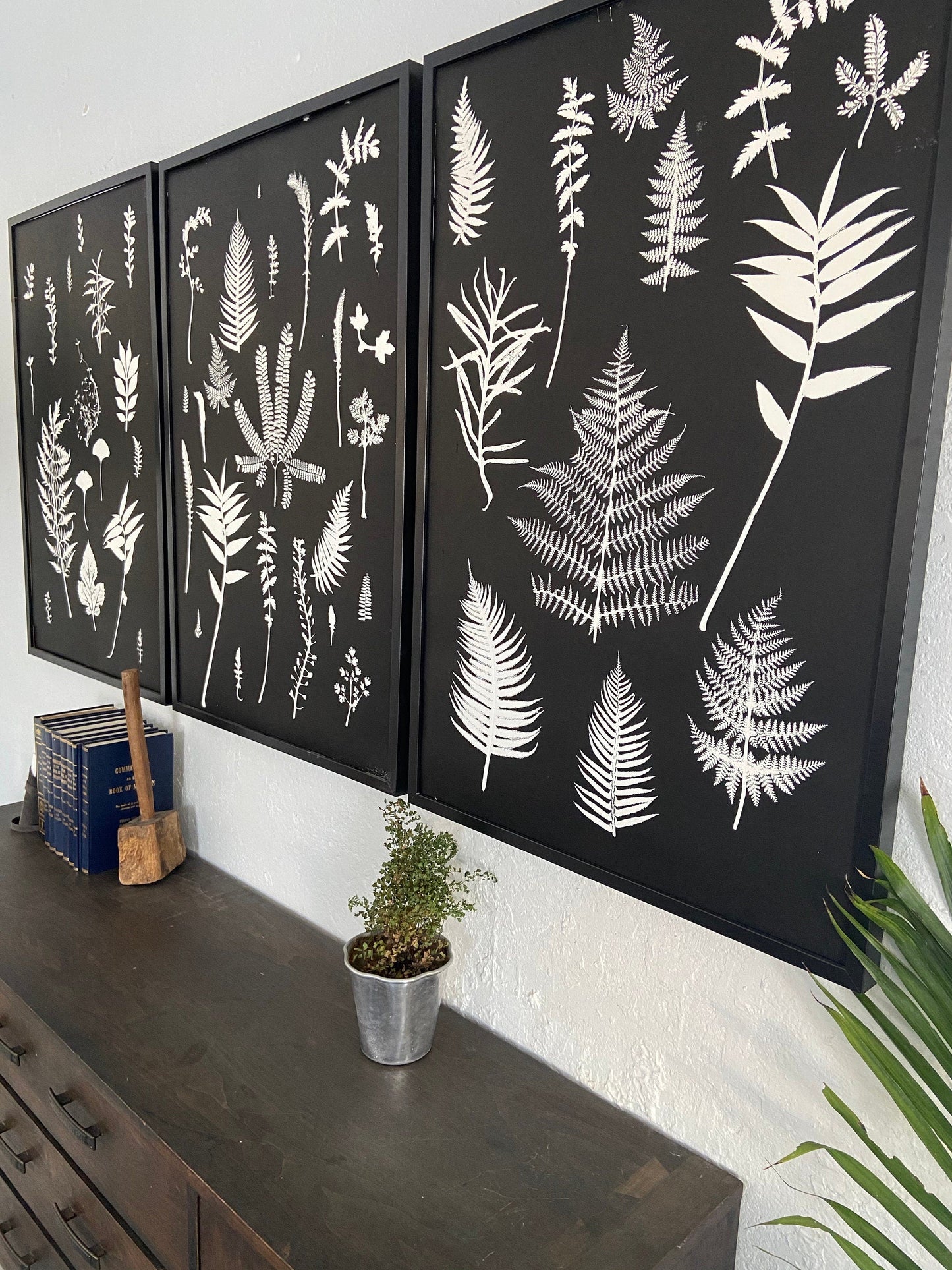 Ferns and Leaves Hand Pressed Botanical Monoprint on Black Set of 3 - 24x36 each giclee print