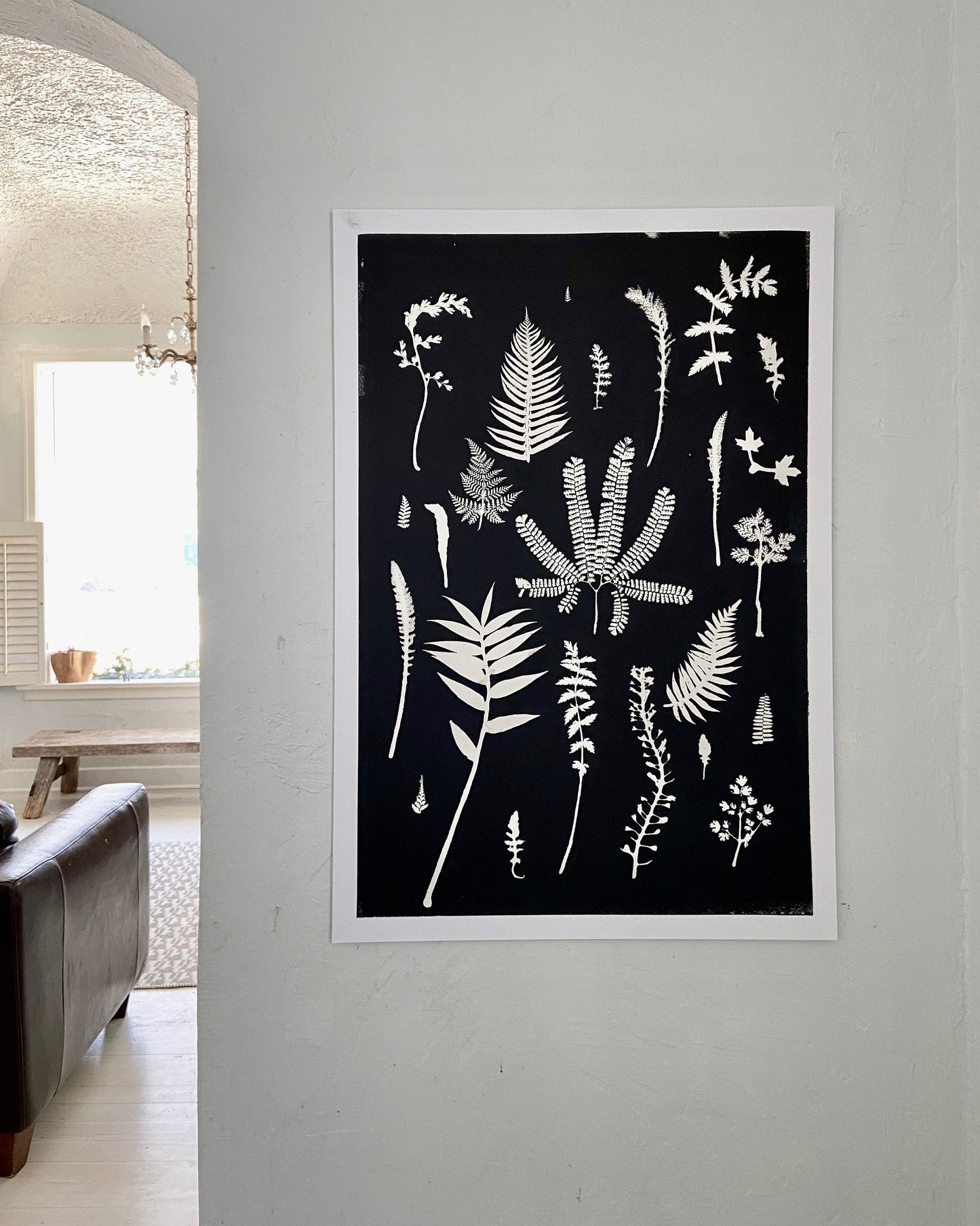 Ferns and Leaves Hand Pressed Botanical Monoprint on Black Set of 3 - 24x36 each giclee print