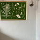 Hand Pressed Botanical Collage Monoprint on Green - Giclee Print lintonart